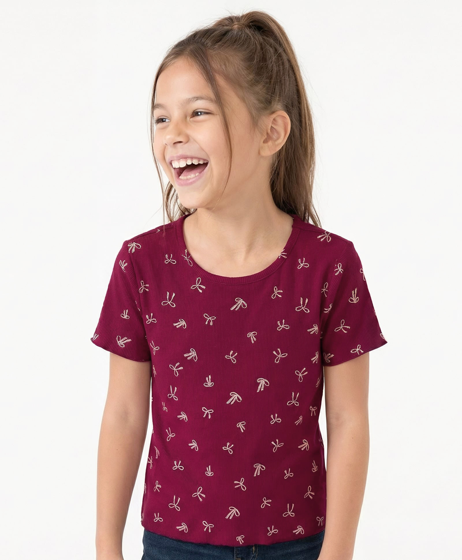 Honeyhap Premium Cotton Rib Knit With Bio Finish Half Sleeves T-Shirt With Bow Print - Anemone-picture-21
