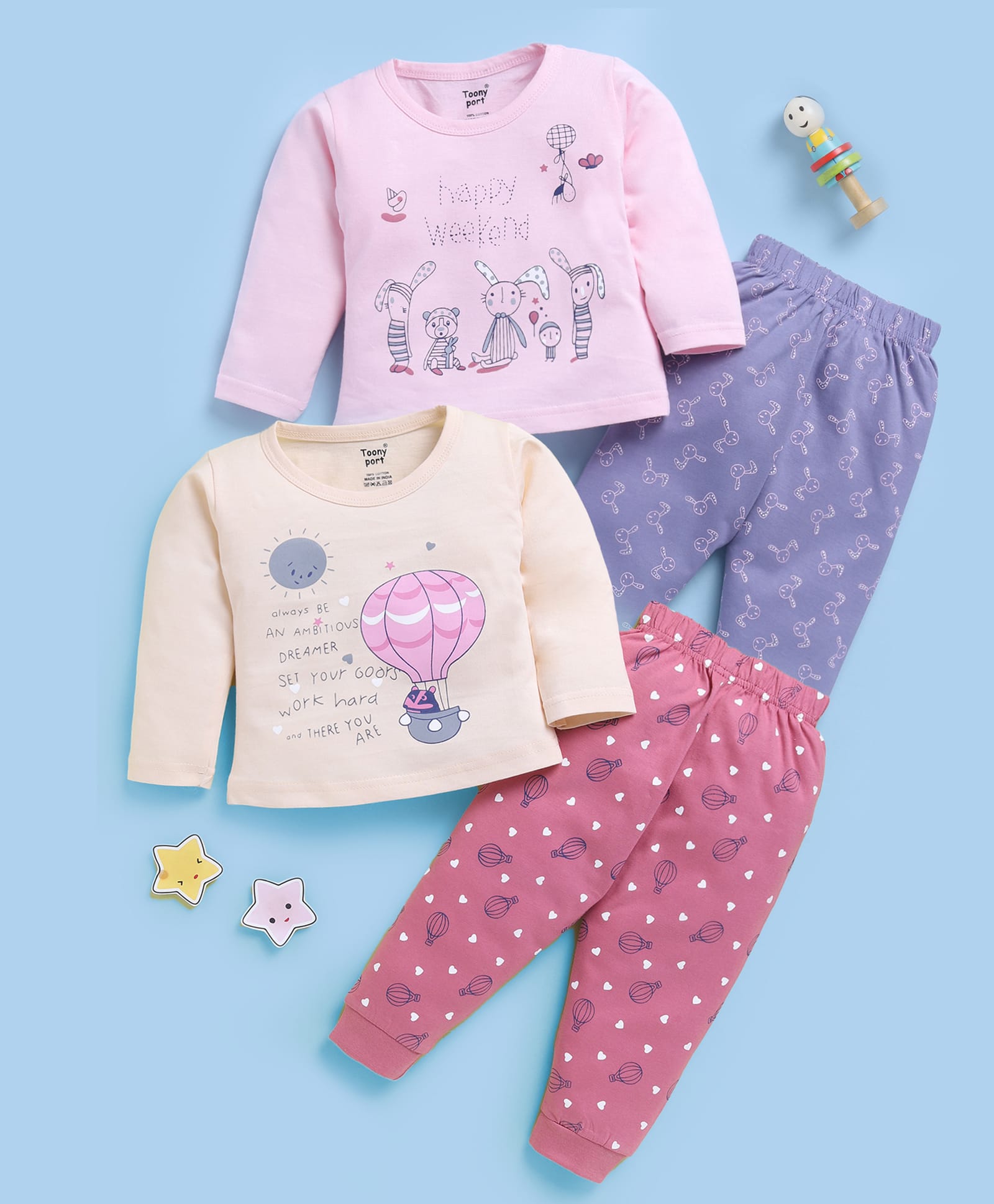 TOONYPORT Cotton Blend Knit Pack Of 2 Full Sleeves Happy Weekend Text & Sun Printed Tees With Trousers Set - Peach & Pink-image-34