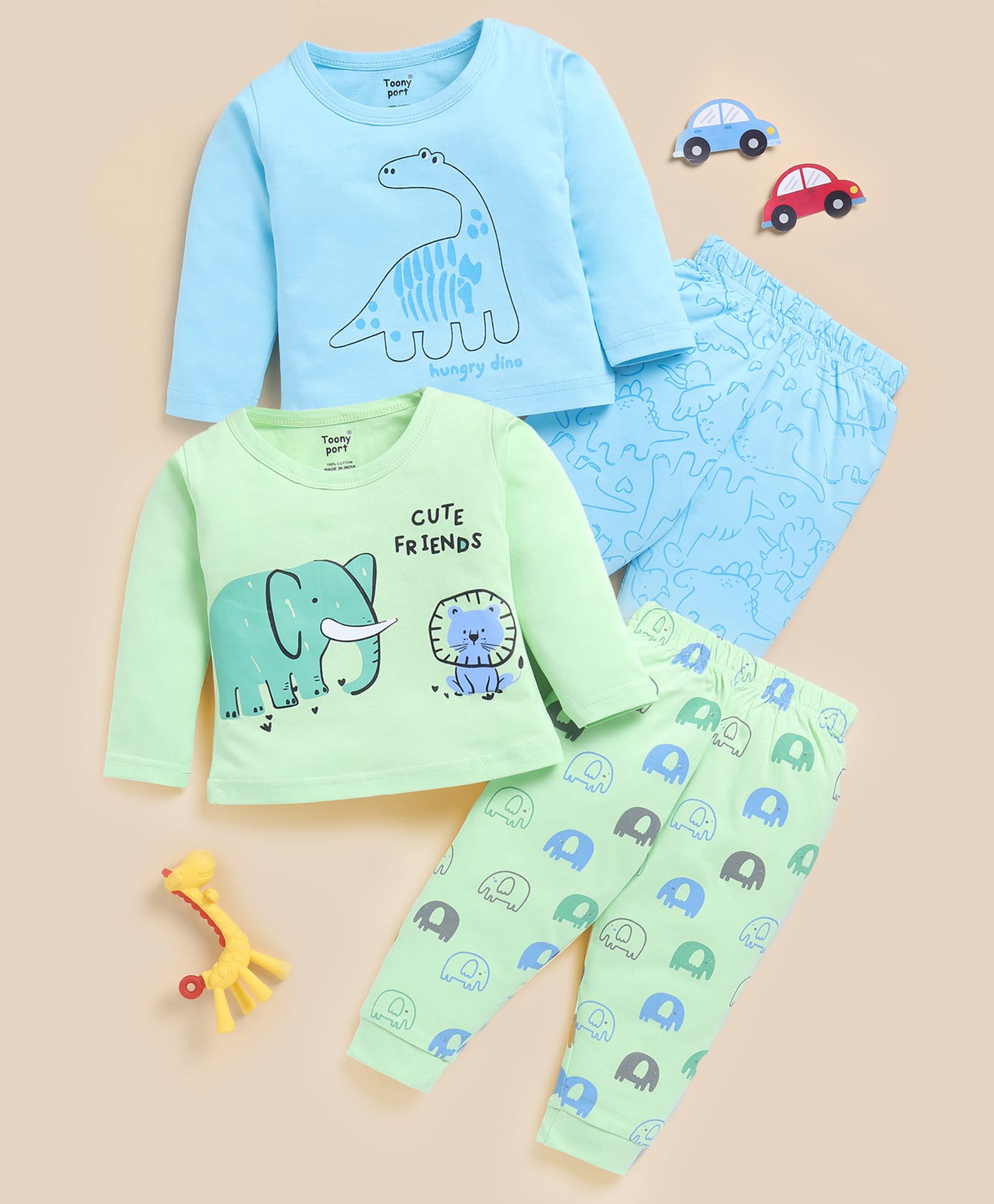 TOONYPORT Cotton Blend Knit Pack Of 2 Full Sleeves Dinosaur & Elephant Printed Tees With Trousers Set - Blue & Green