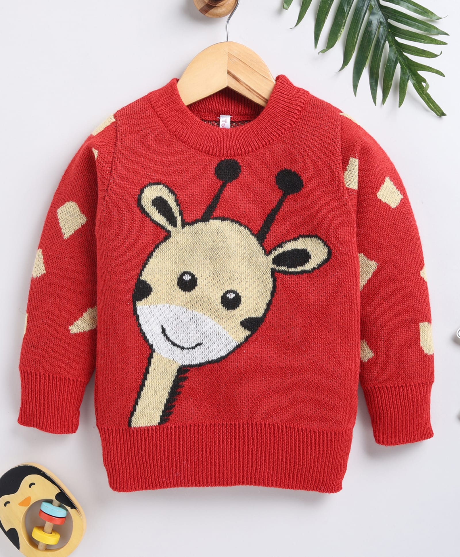 TOONYPORT Wool Woven Full Sleeves Giraffe Designed Sweater - Red-image-17