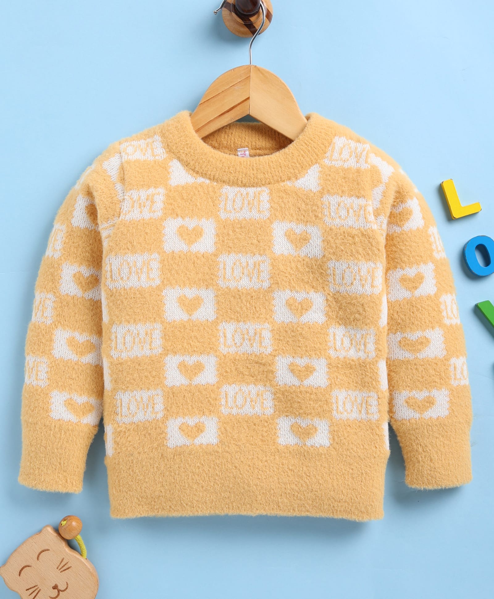 TOONYPORT Wool Woven Full Sleeves Chessboard Checked Love Text Designed Sweater - Yellow-picture-18
