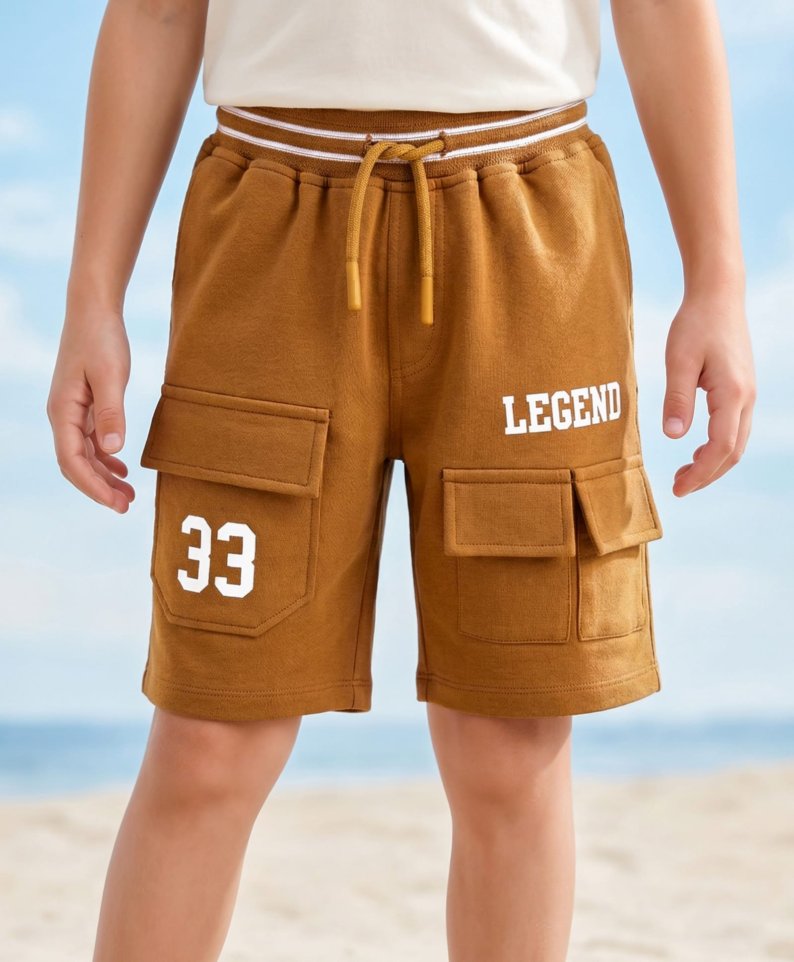 Pine Kids Looper Knit Solid Shorts With Text Print - Brown-picture-15