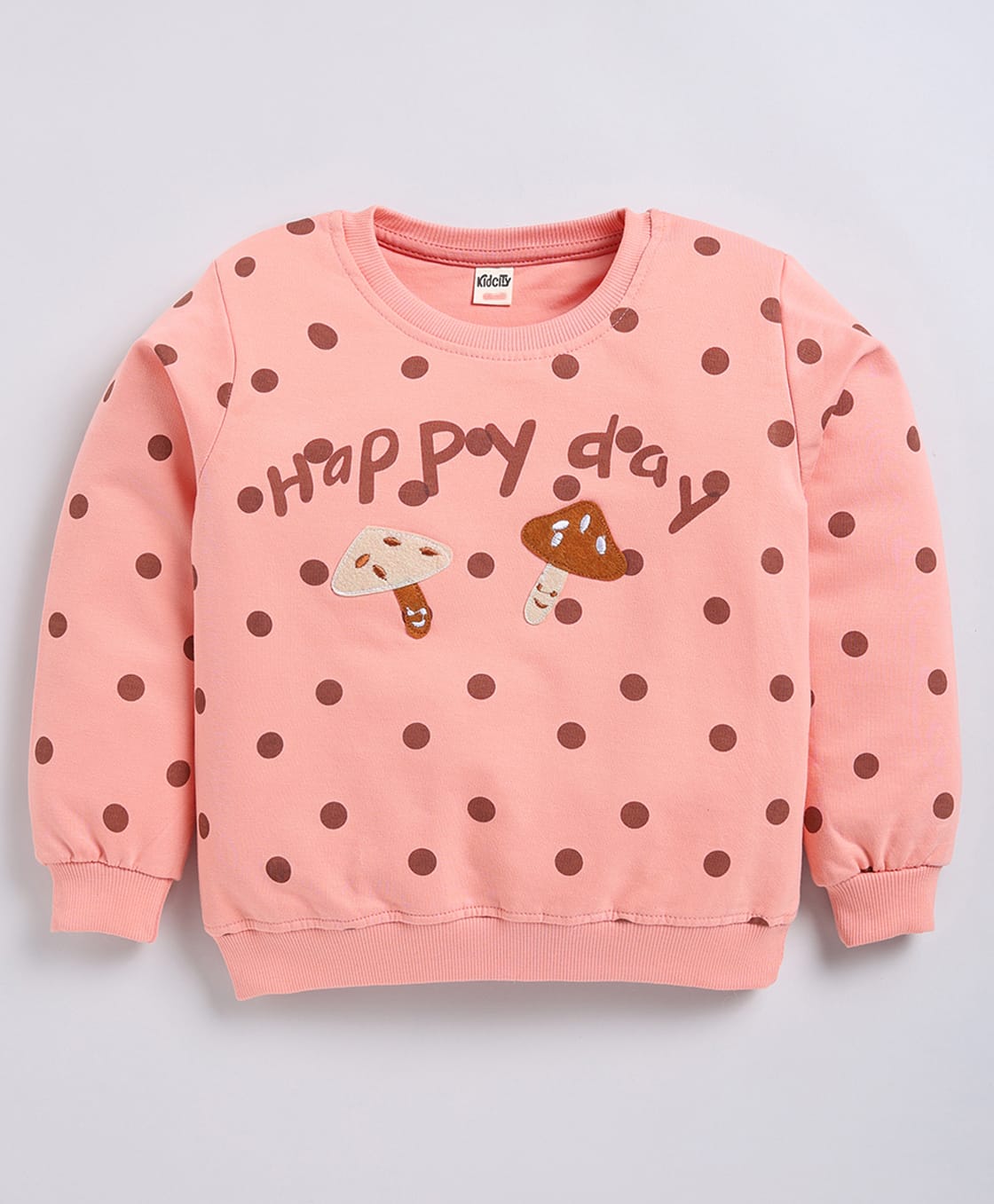 Kidcity Cotton Looperknit Full Sleeves Polka Dots Happy Day Text Printed Light Winter Sweatshirt - Brick-picture-31