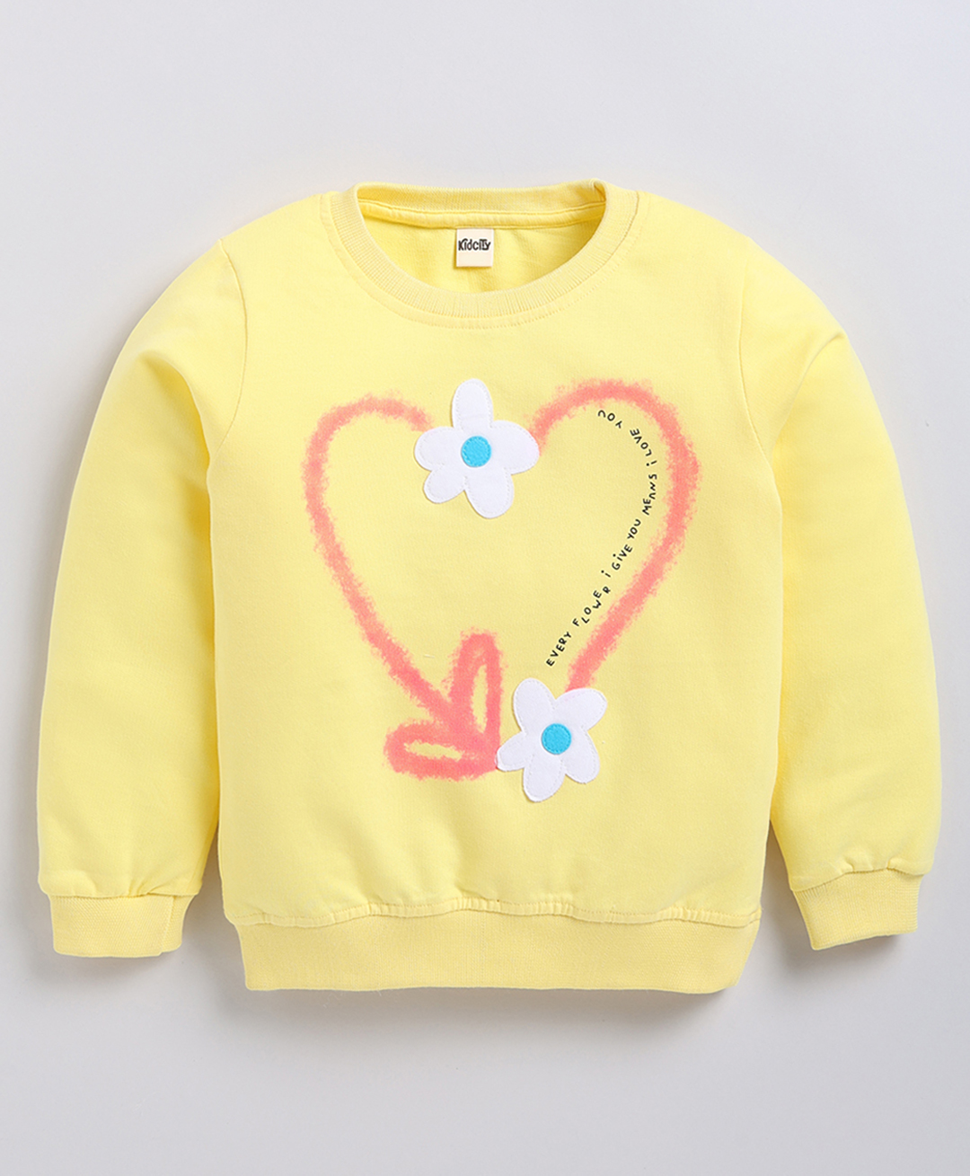 Kidcity Cotton Knit Full Sleeves Heart Printed & Flower Applique Light Winter Sweatshirt - Lemon-image-7