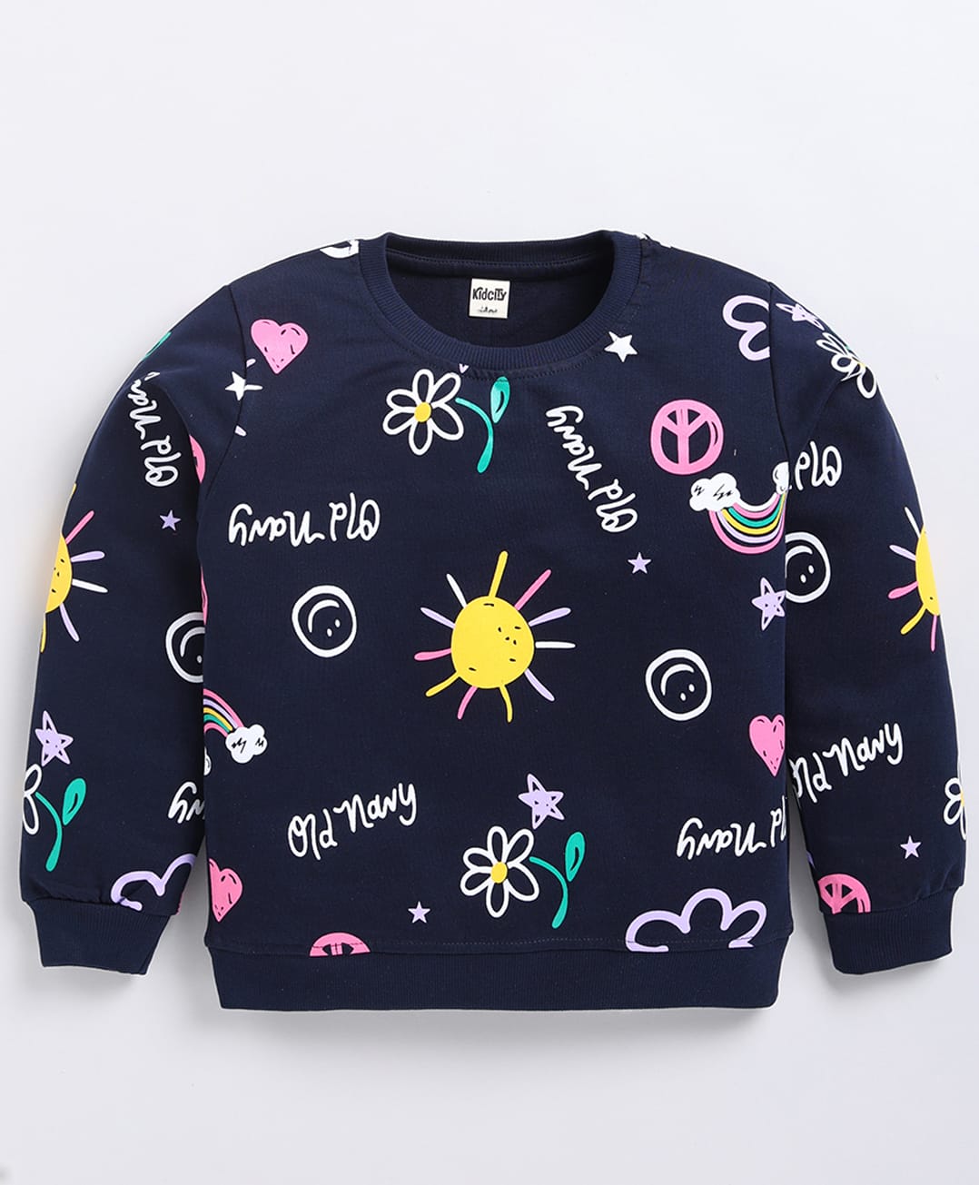 Kidcity Cotton Looperknit Full Sleeves Sun & Rainbow Printed Light Winter Sweatshirt - Navy Blue-picture-32