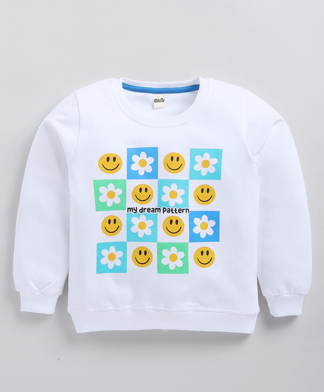 Kidcity Cotton Looperknit Full Sleeves Floral & Smileys My Dream Pattern Text Printed Light Winter Sweatshirt - White-picture-18