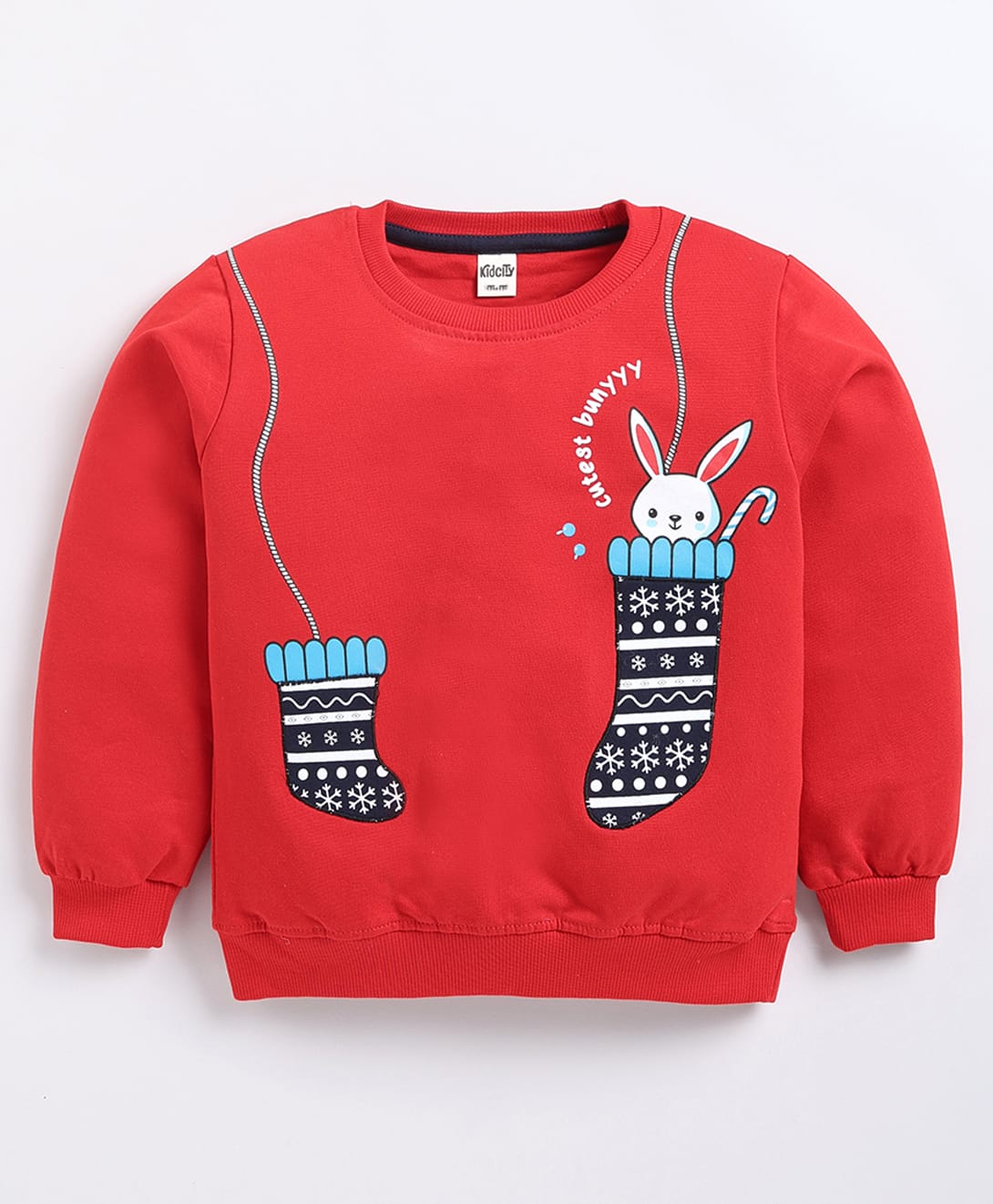 Kidcity Cotton Looperknit Christmas Theme Full Sleeves Socks & Bunny Printed Light Winter Sweatshirt - Red-picture-18