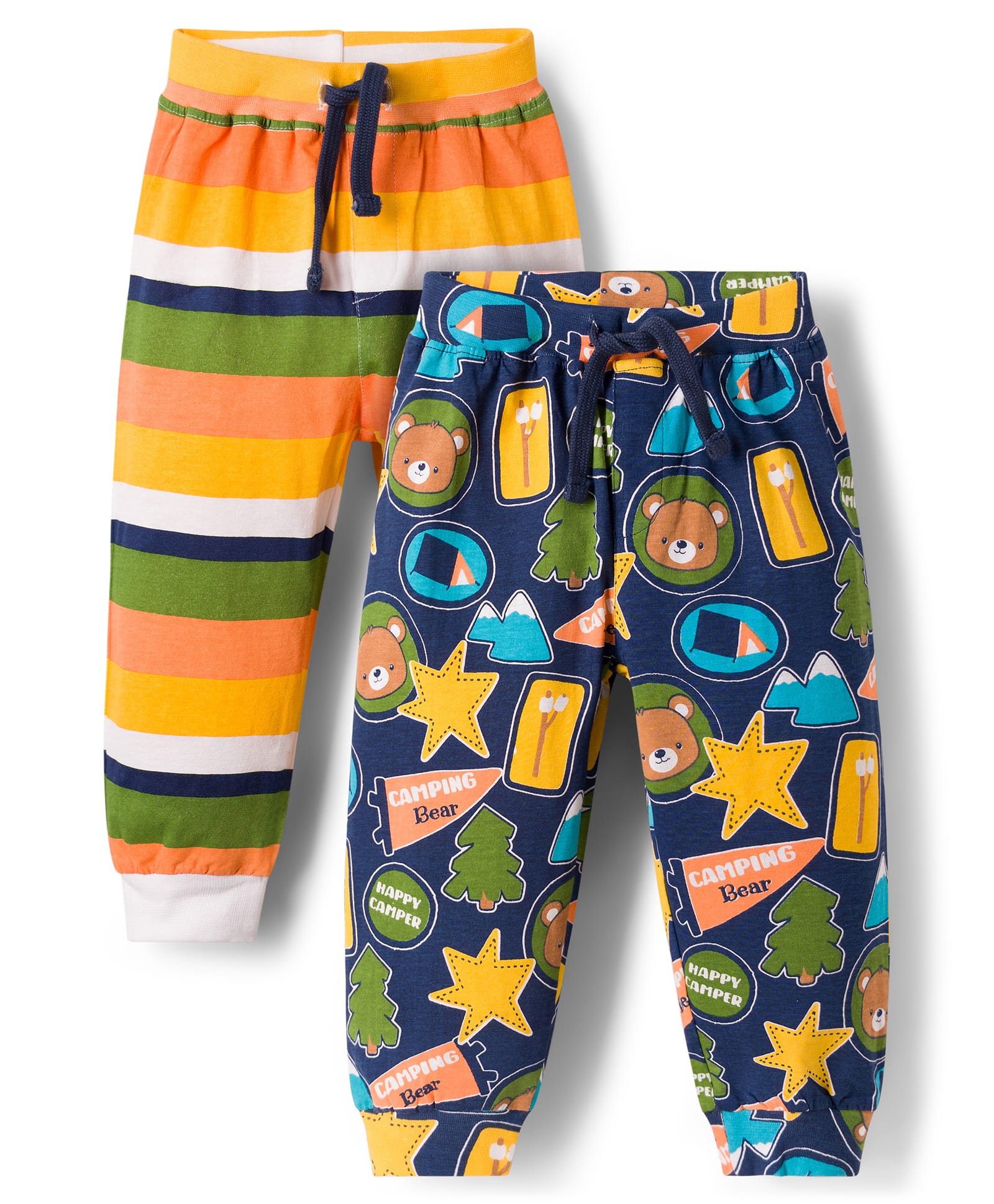 Babyhug Cotton Jersey Knit Full Length Striped & Teddy Bear Printed Lounge Pants Pack of 2 - Multicolor-image-17
