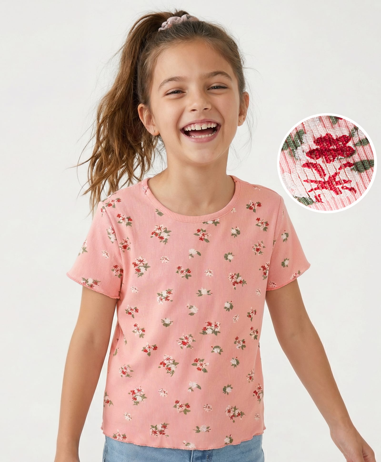Honeyhap Premium Cotton Rib Knit With Bio Finish Half Sleeves T-Shirt With Floral Print - Rose Quartz-picture-9