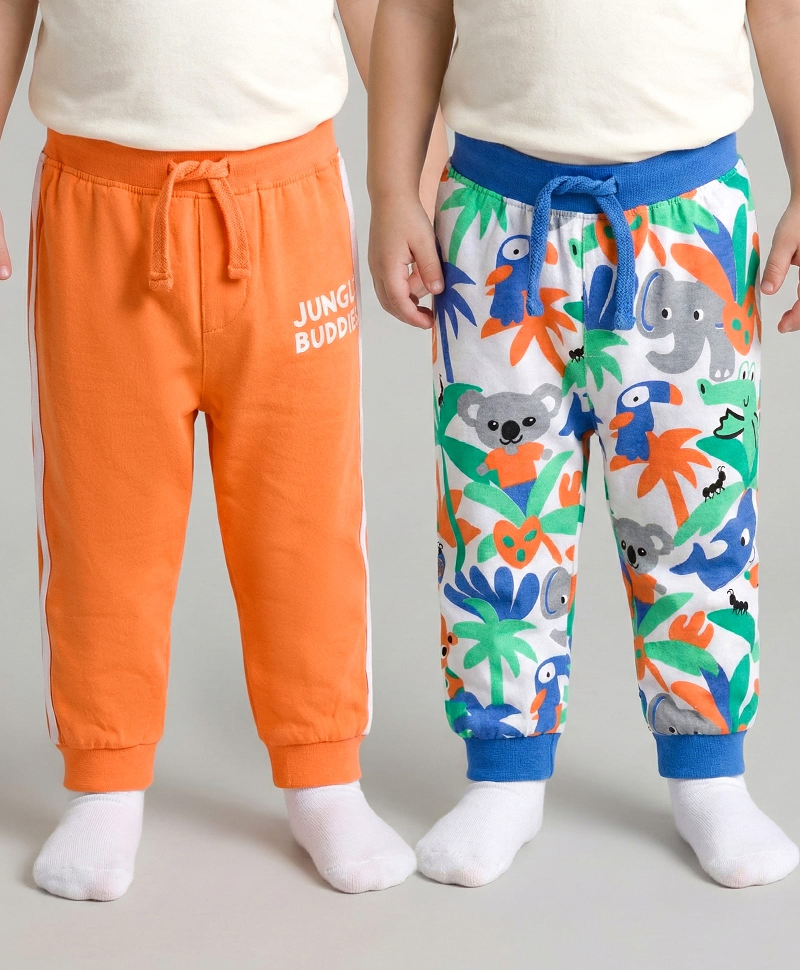 Babyhug Cotton Knit Full Length Lounge Pants with Jungle Print & Tape Detailing - Orange & Blue-picture-17