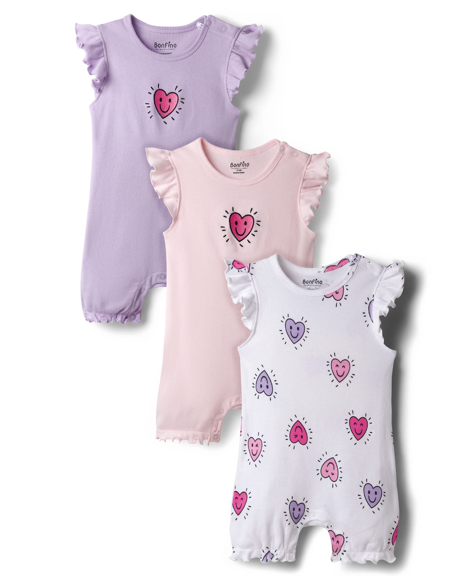 Bonfino 100% Cotton Knit Frill Sleeves Rompers with Heart Print Pack of 3 - Lavender White & Light Pink-picture-38