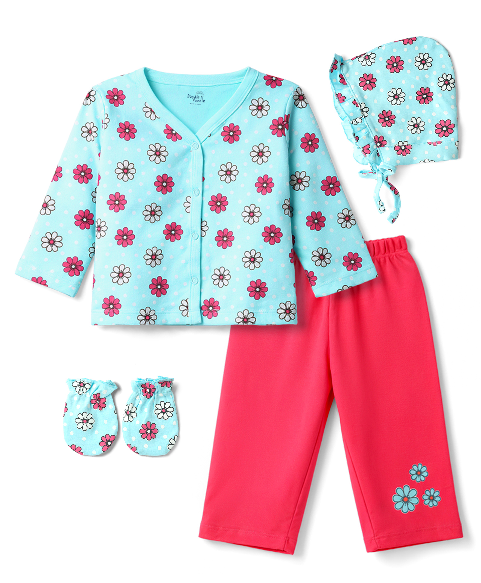 Doodle Poodle 100% Cotton Knit Full Sleeves Floral Printed Top & Pant Set with Mittens & Cap - Light Blue-picture-27