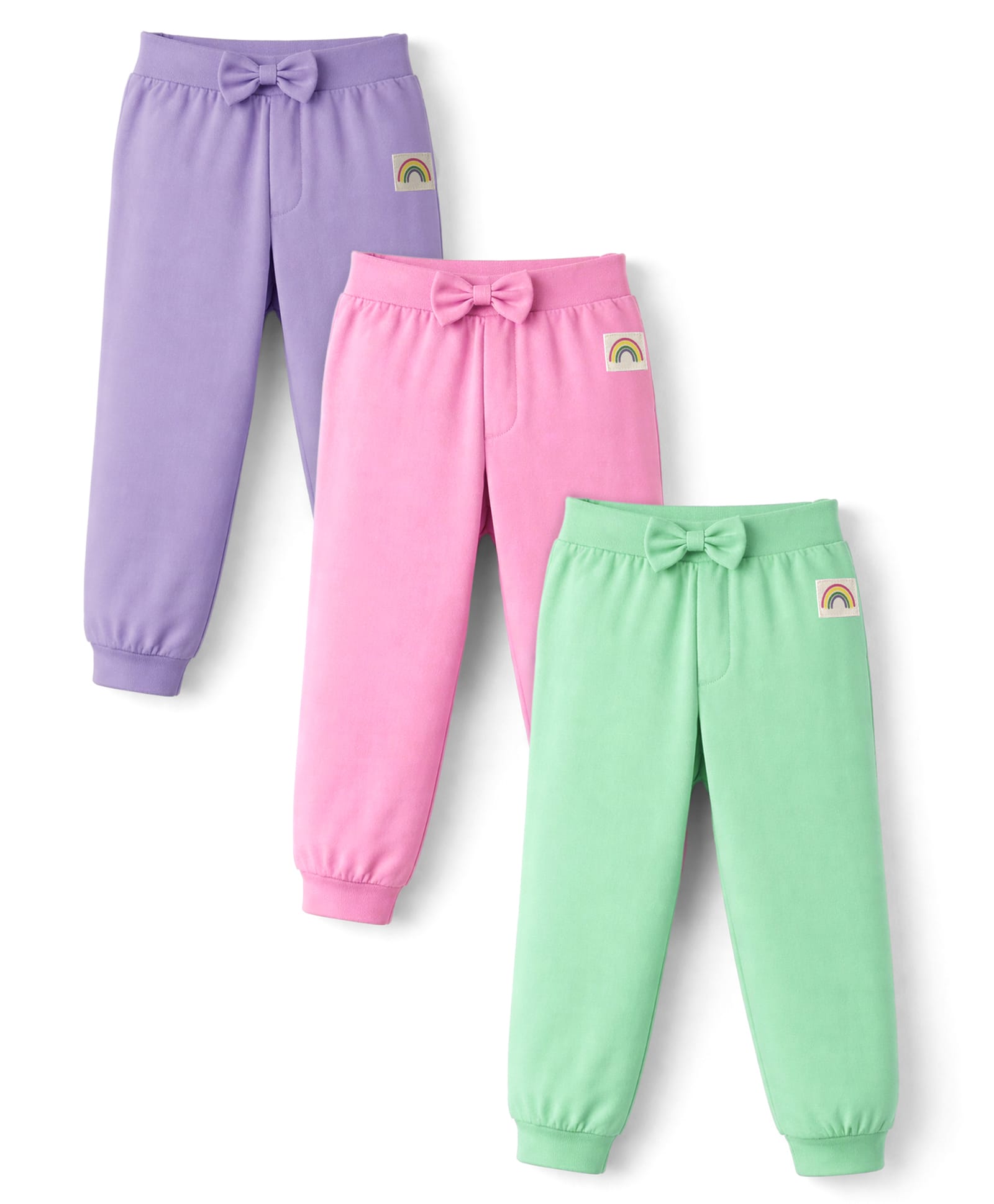 Babyhug Cotton Jersey Knit Full Length Lounge Pants With Rainbow Patch & Bow Applique Pack of 3 - Light Green Pink & Purple-image-32