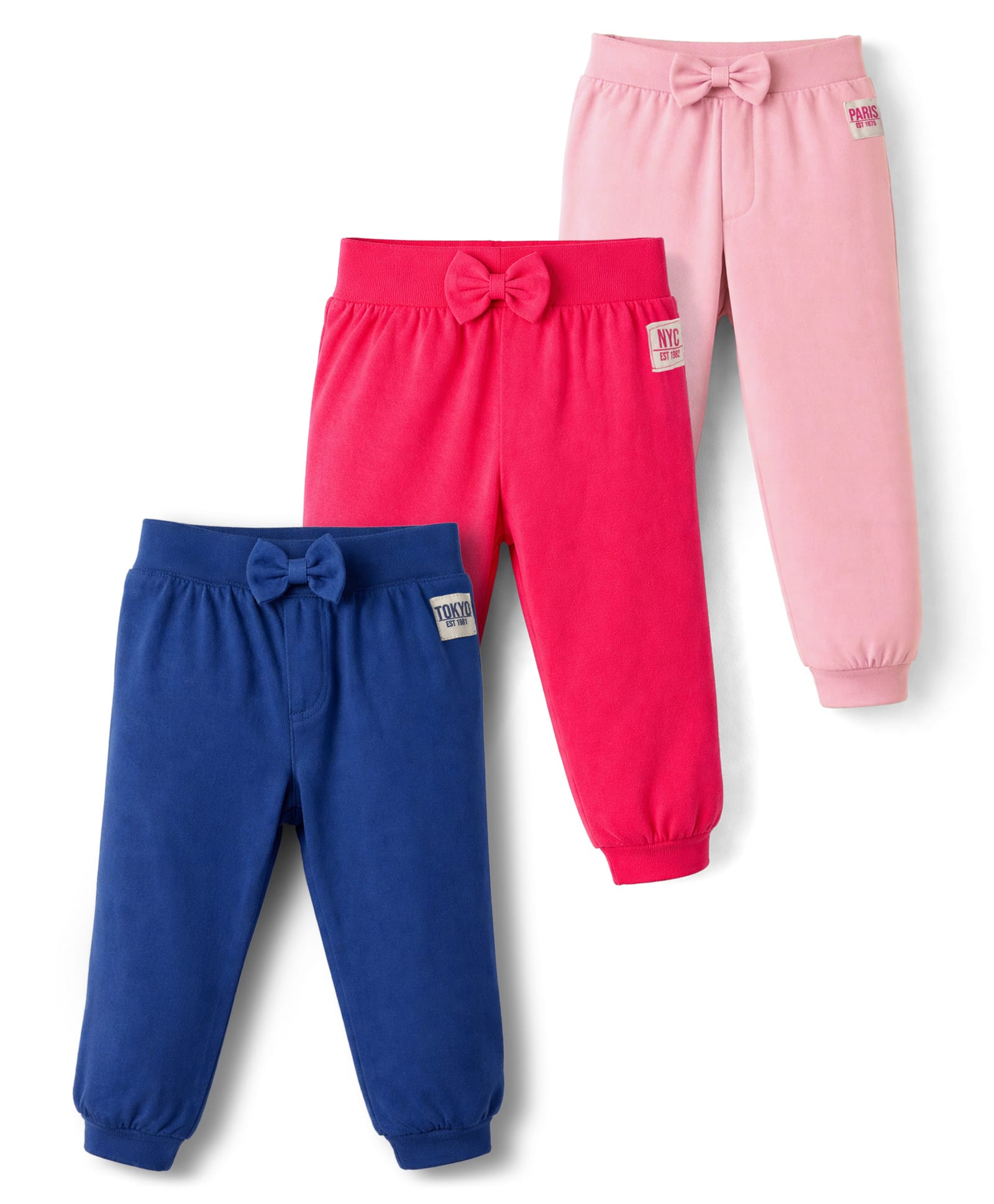 Babyhug Cotton Jersey Knit Full Length Lounge Pants With Text Patch & Bow Applique Pack of 3 - Navy Blue Light & Dark Pink-picture-38