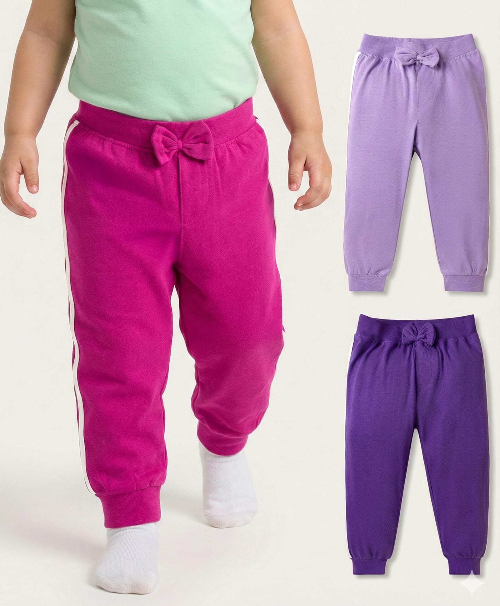 Babyhug Cotton Jersey Knit Full Length Solid Lounge Pants With Bow Applique Pack of 3 - Multicolor