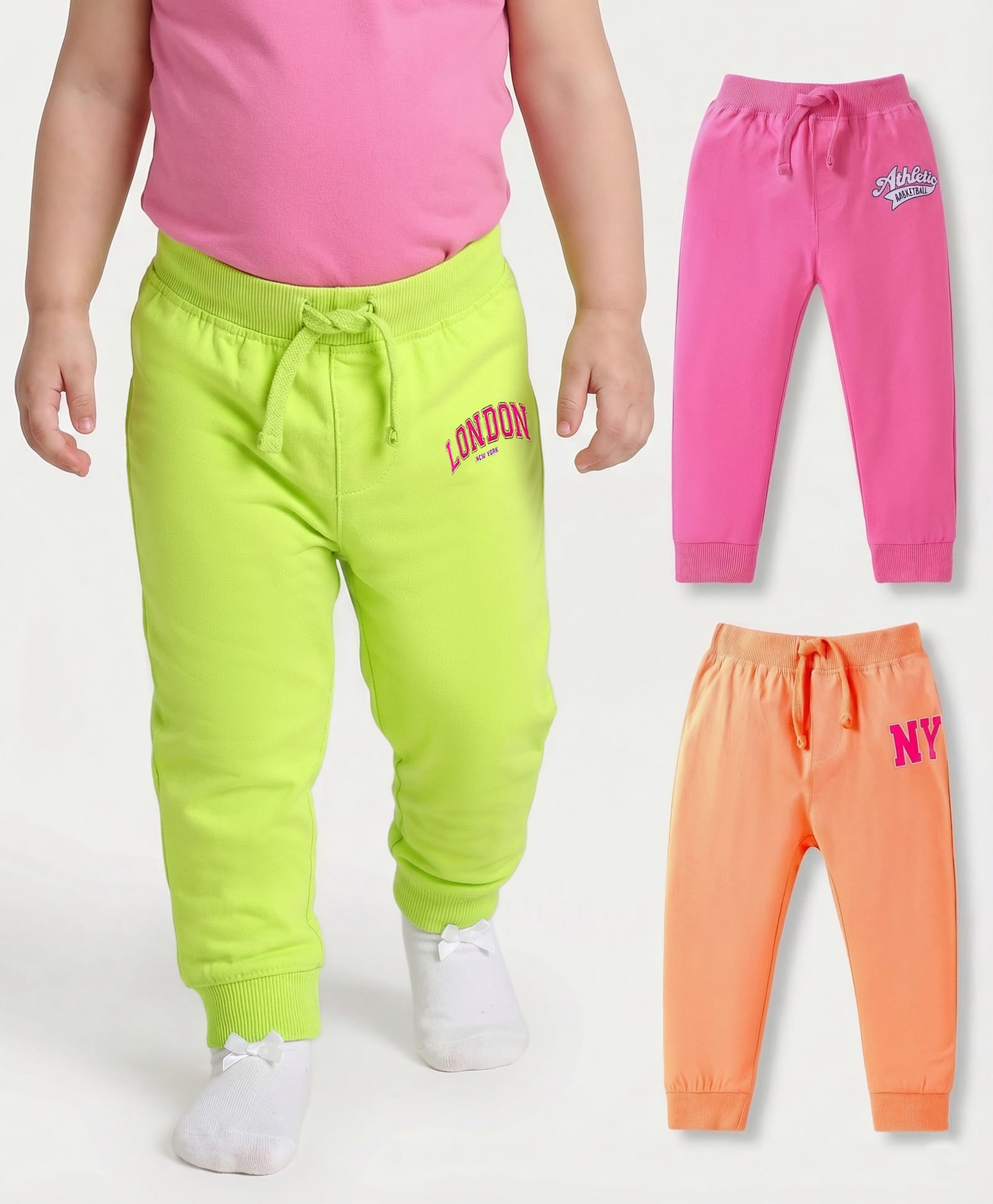 Babyhug Cotton Jersey Knit Full Length Lounge Pants with Text Print Pack of 3 - Orange Green & Pink