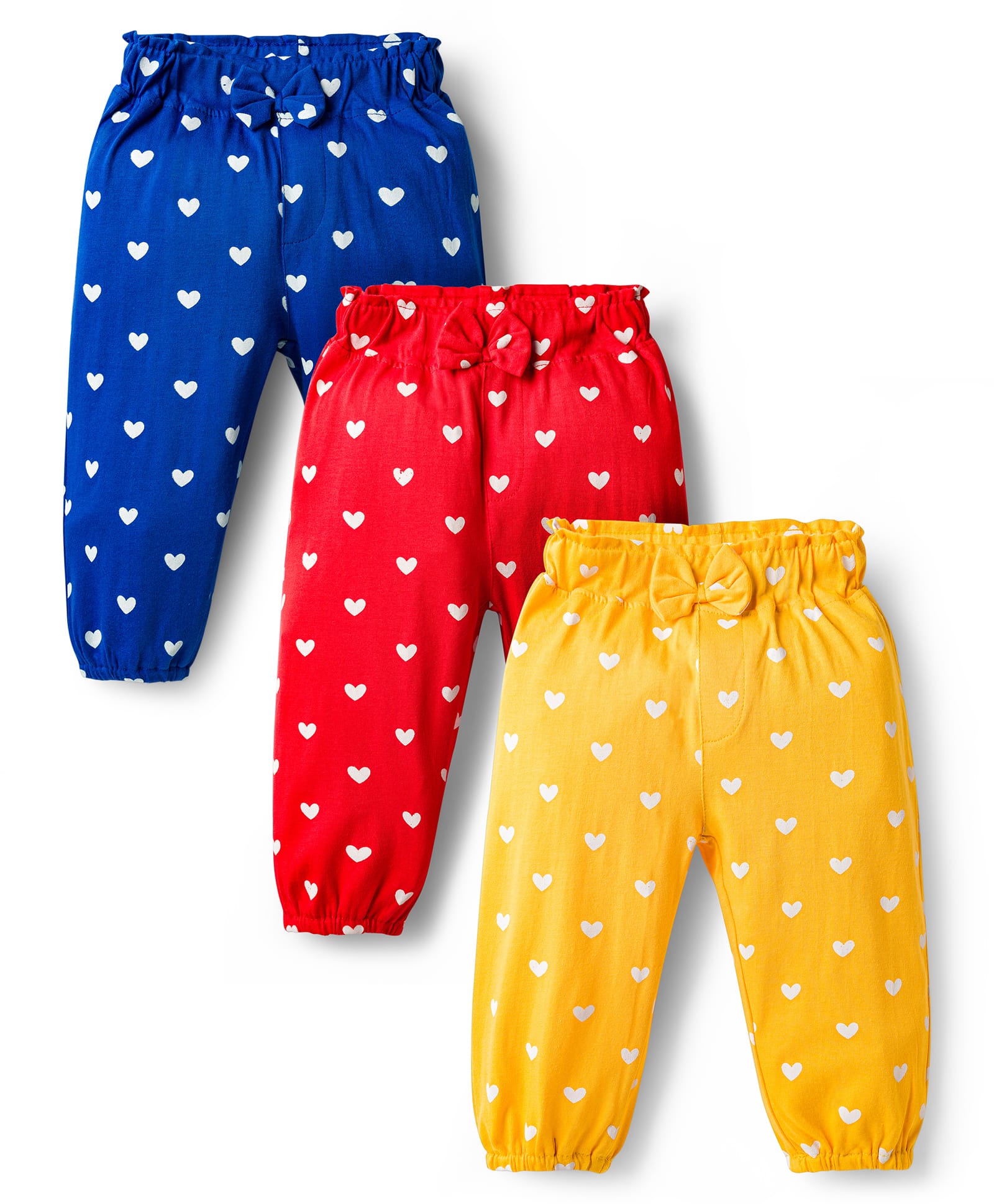 Babyhug Cotton Jersey Knit Full Length Hearts Printed Lounge Pants With Bow Pack Of 3 - Multicolour-image-24