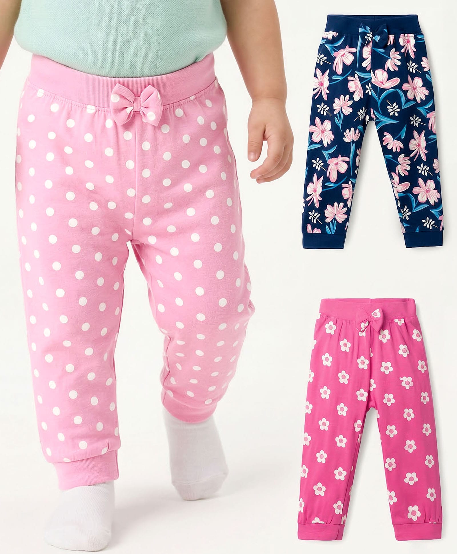 Babyhug Single Jersey Knit Full Length Lounge Pants with Floral & Polka Dot Print Bow Applique Pack of 3 - Multicolor-picture-10