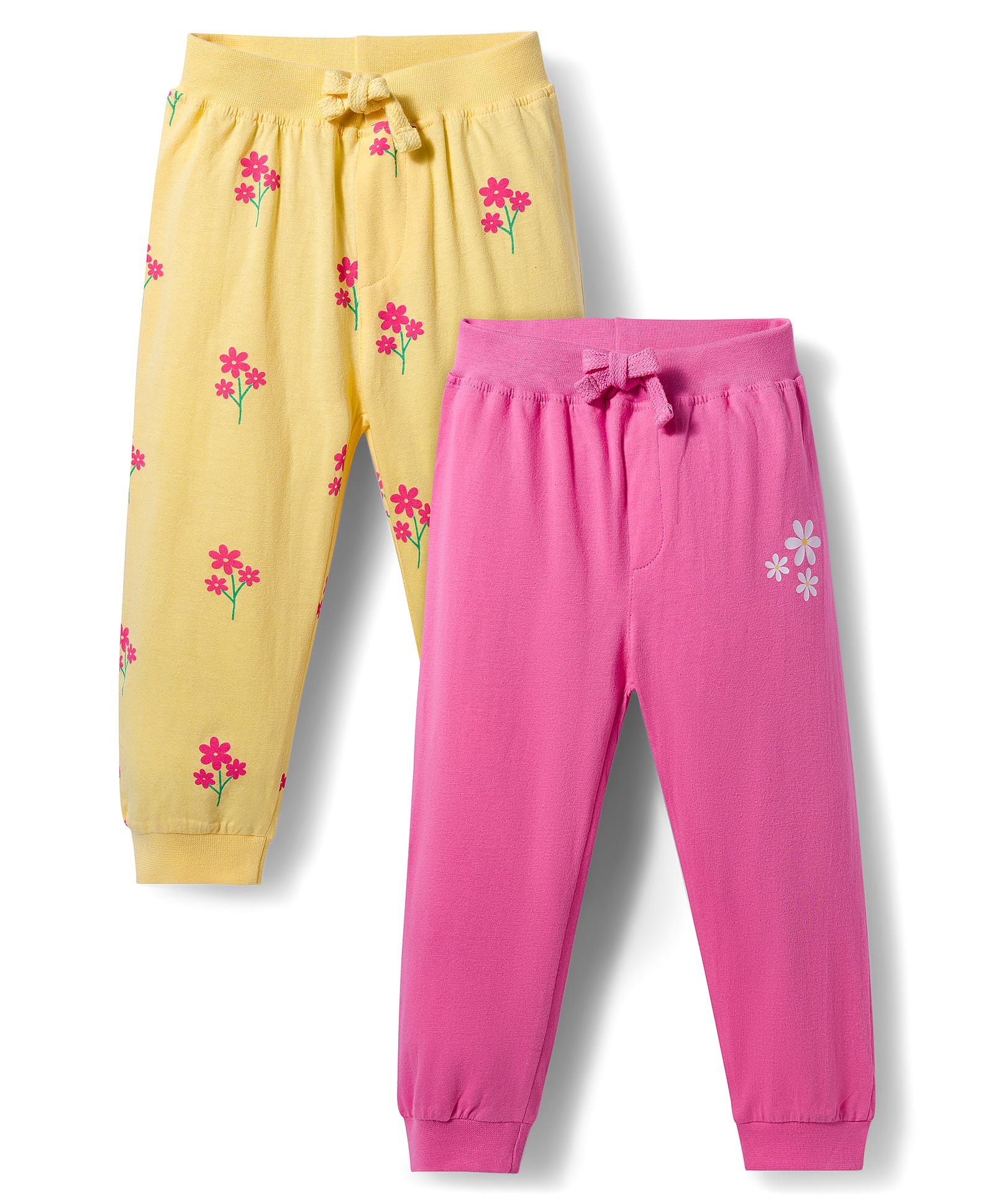 Babyhug Cotton Knit Full Length Lounge Pant With Floral Print Pack Of 2 - Pink & Yellow-image-29