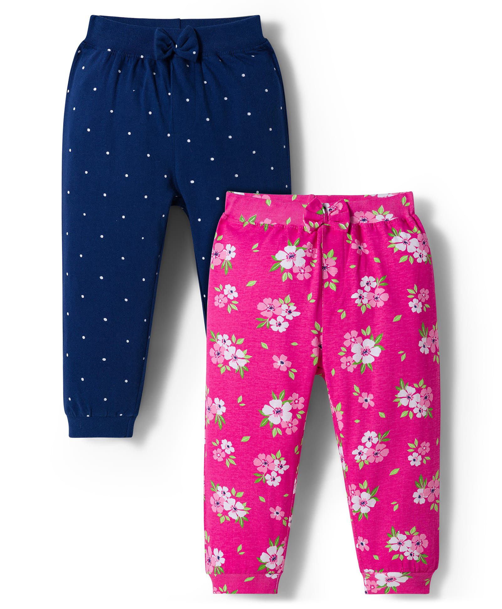 Babyhug Cotton Knit Full Length Lounge Pants with Floral & Polka Dot Print & Bow Applique Pack of 2 - Pink & Navy Blue-picture-19