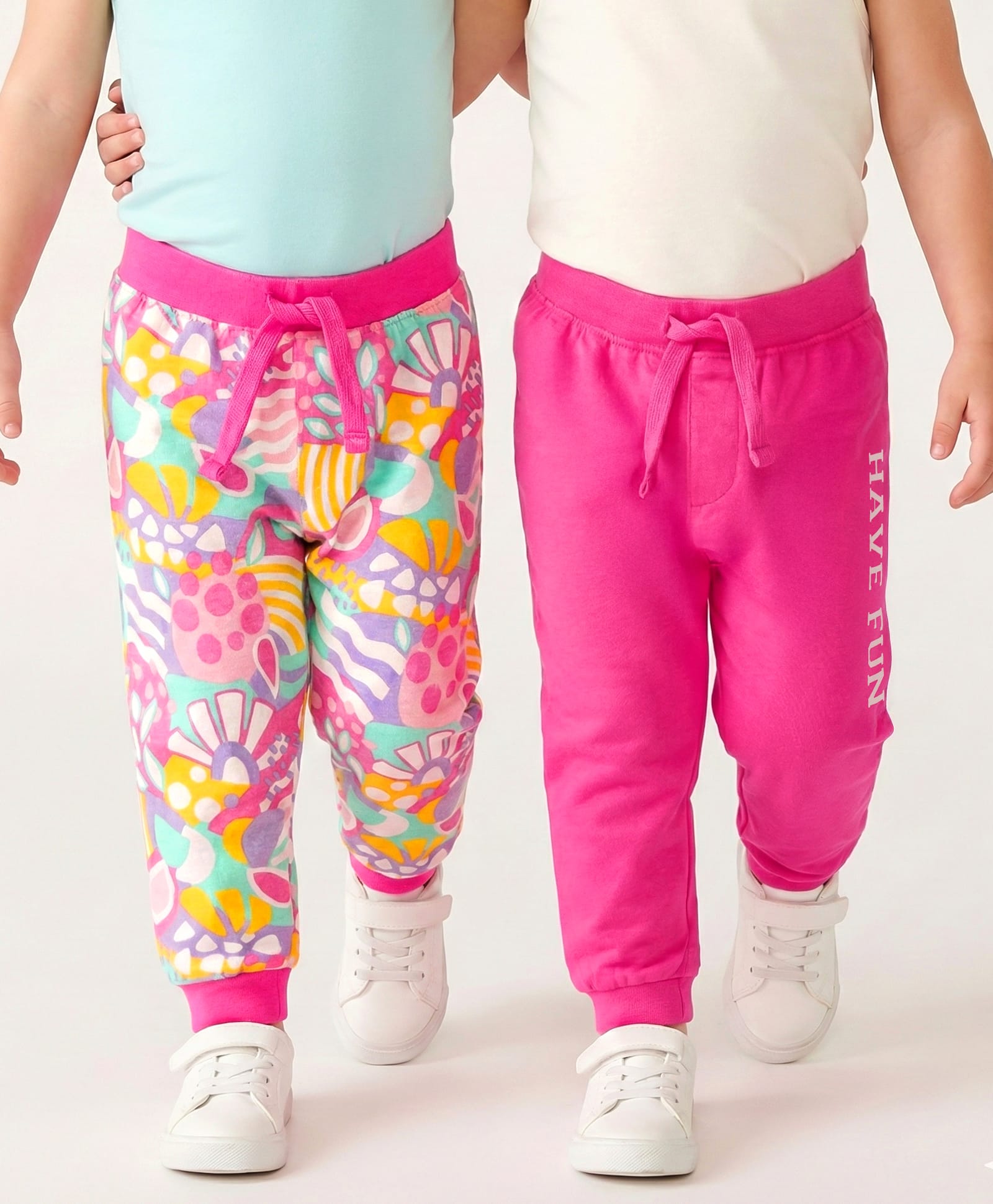 Babyhug Cotton Knit Full Length Lounge Pants with Floral & Text Print Pack of 2 - Multicolour