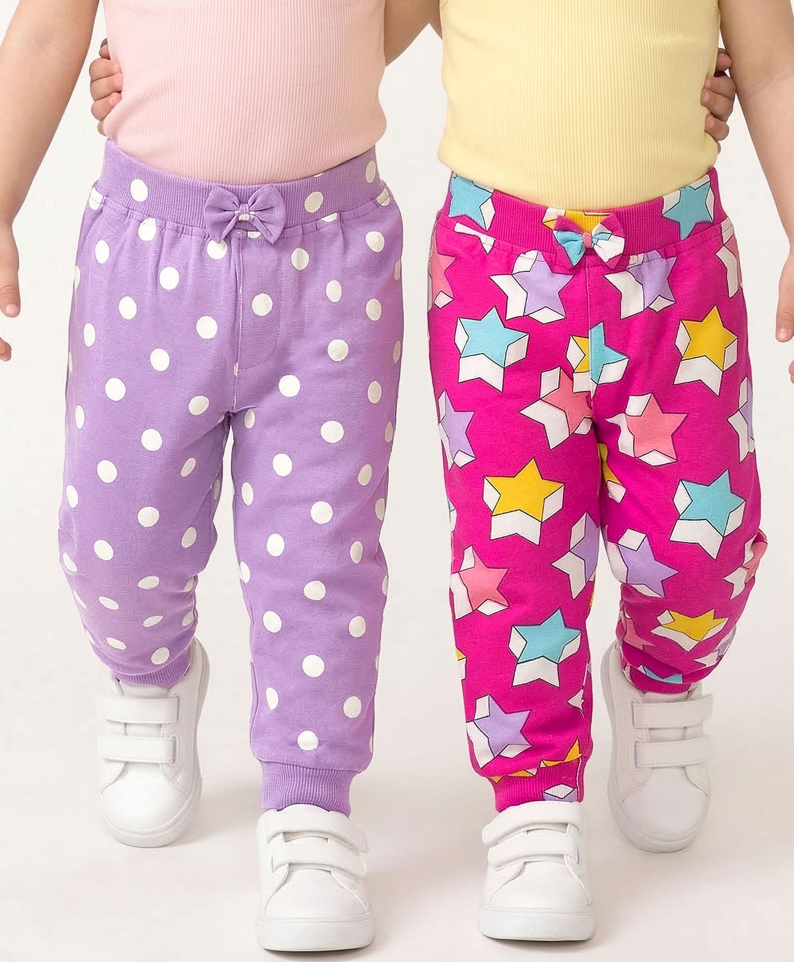 Babyhug Cotton Jersey Knit Full Length Lounge Pants with Polka Dot & Star Print Pack of 2 - Purple & Dark Pink-image-45