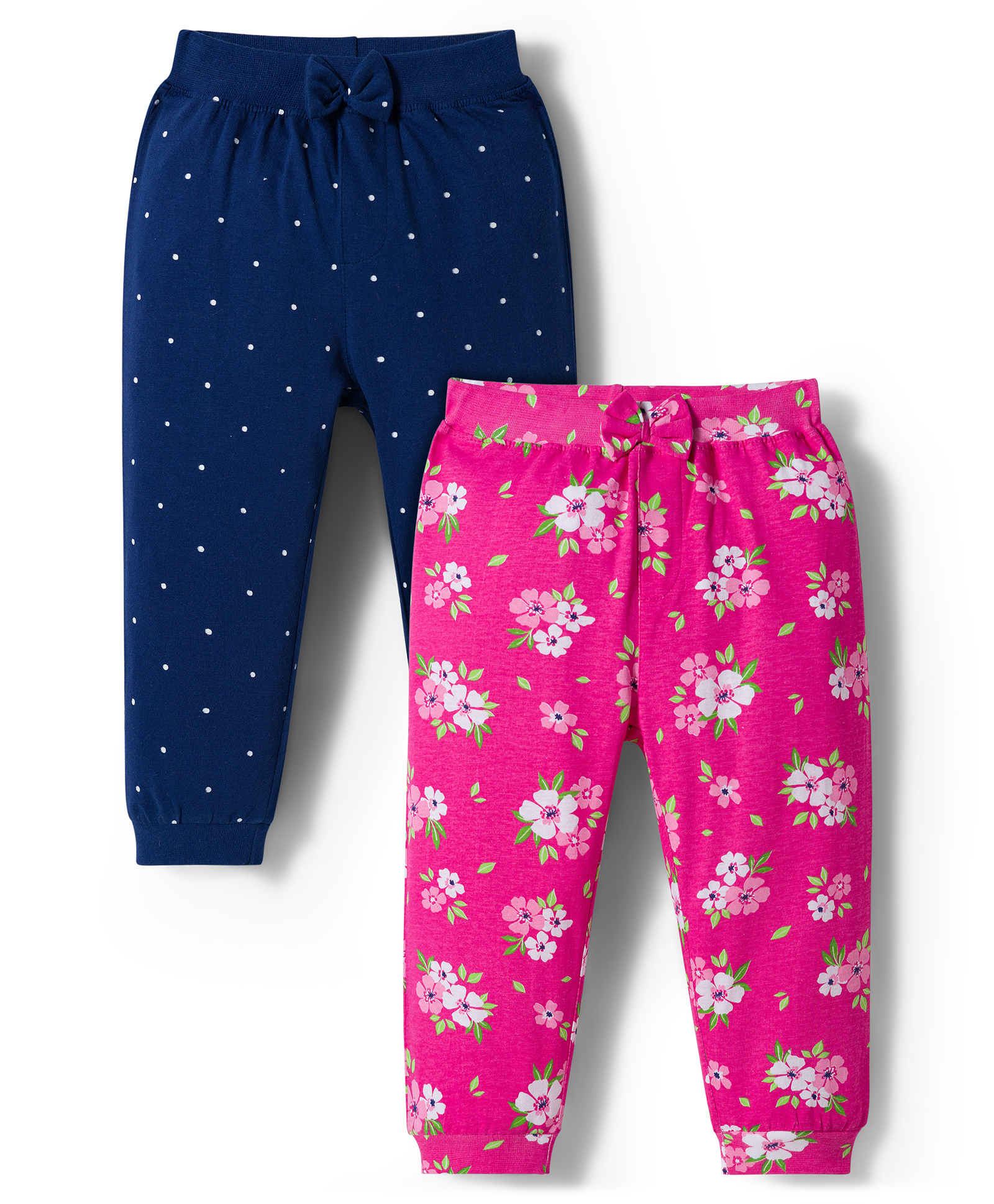 Babyhug Cotton Jersey Knit Full Length Floral & Polka Dot Printed Lounge Pants With Bow Applique Pack of 2 - Dark Pink & Navy Blue-picture-24