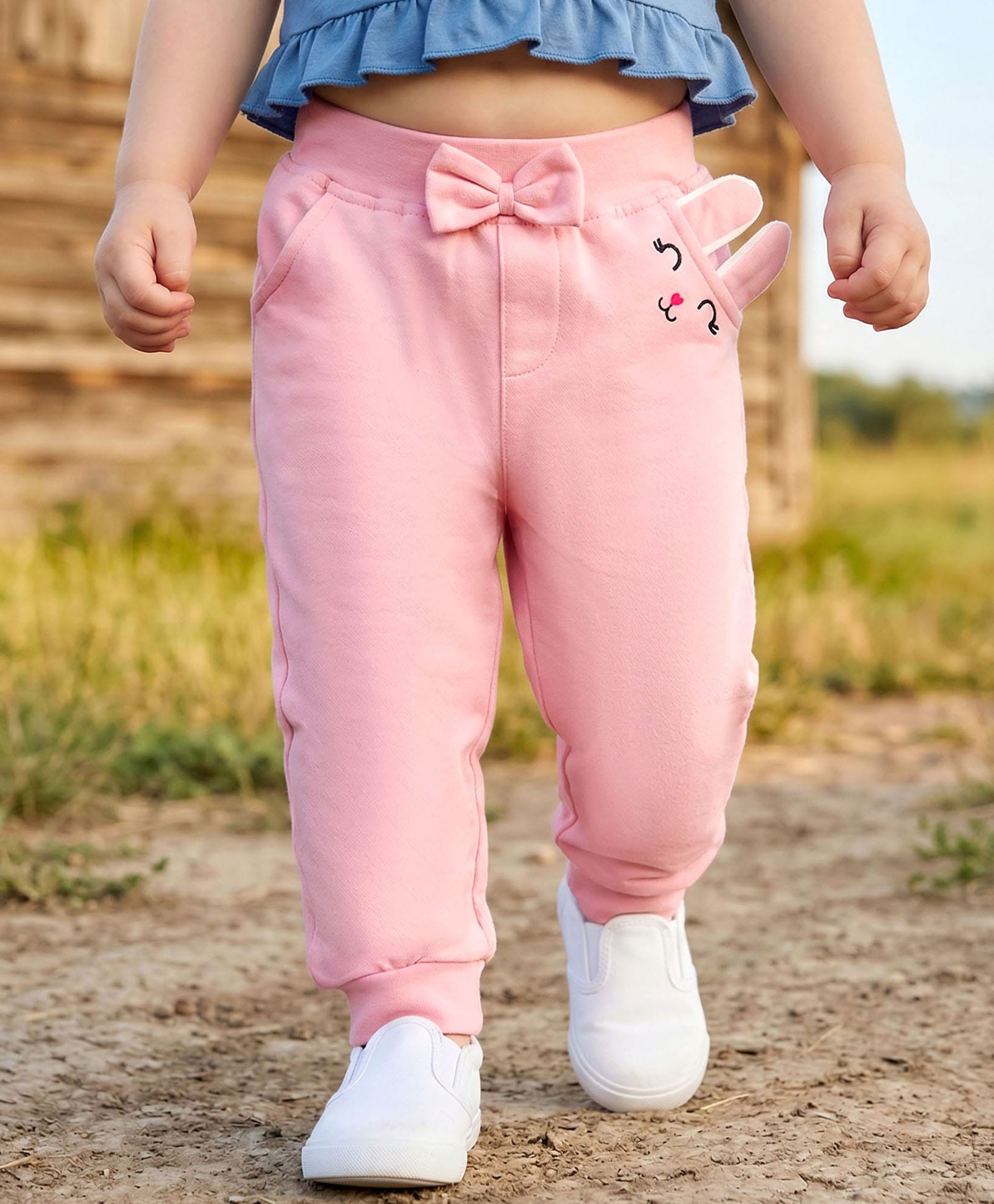 Babyhug Looper Knit Full Length Lounge Pant With Bunny Applique - Pink-picture-23