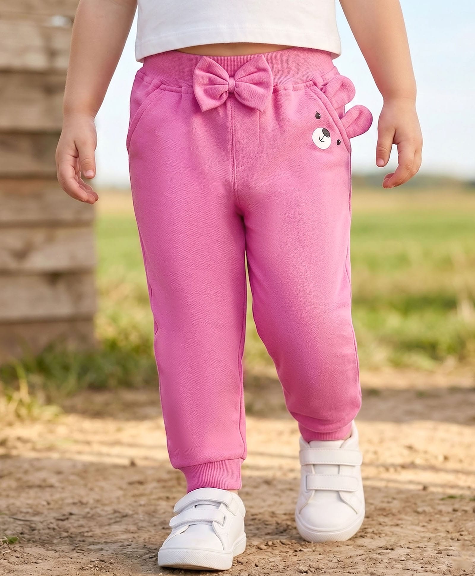 Babyhug Cotton Jersey Knit Full Length Lounge Pant With Animal Print & Bow Applique - Pink-image-34