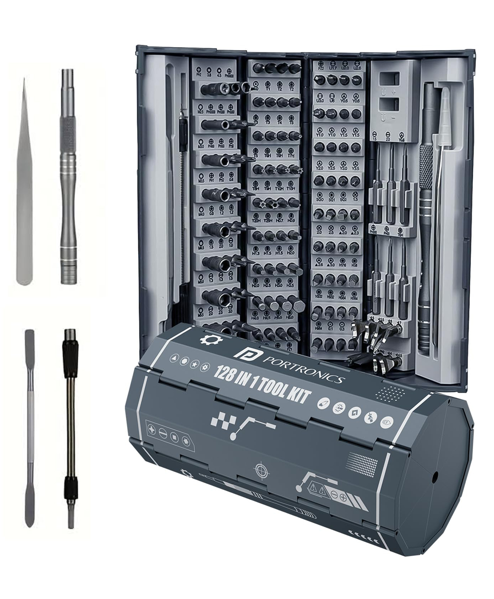 Portronics BitBox 2, 128-in-1 Screwdriver Kit with Phillips, Flathead, Torx, Pentalobe, Wrench Bits, Flexible Shaft, Tweezer, Spudger & Magnetic Handle for Laptop, Mobile, Electronics Repair (Black)-image-7