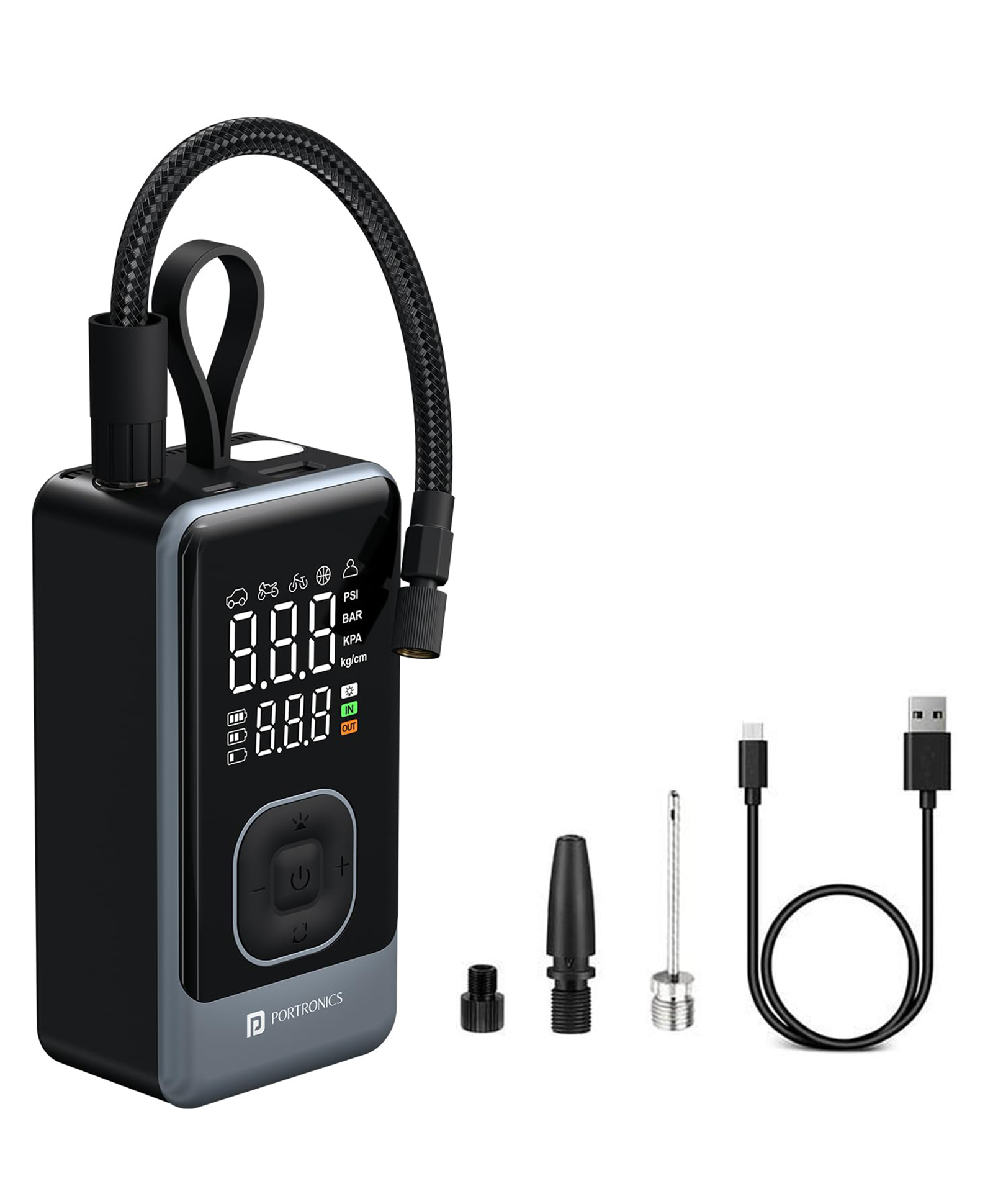 Portronics Vayu 8.0, Digital Rechargeable Tyre Inflator with In-Built Hanging Support, 2×2000mAh Batteries, Auto Shut Off, LED Light, SOS, Pressure Detection, Type-C Charging, for Car/Bike/Ball(Black)-image-8