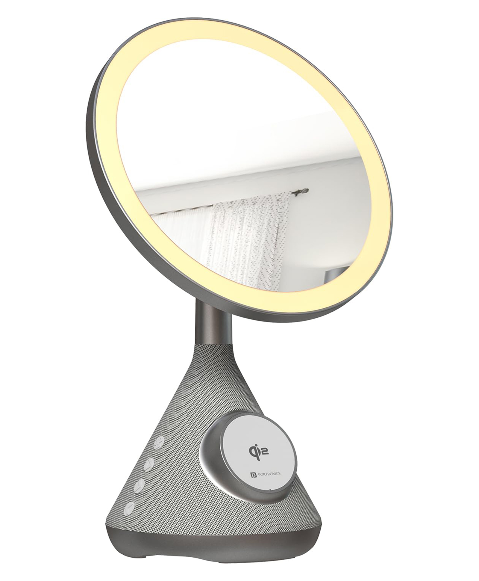 Portronics MOVO 3 In 1 Wireless Charger With 5W Bluetooth Speaker & Makeup Mirror, Qi2 Certified 15W Wireless Charging, 3 LED Lights, 90° Adjustable Mirror, Type C Input (Silver)-image-2