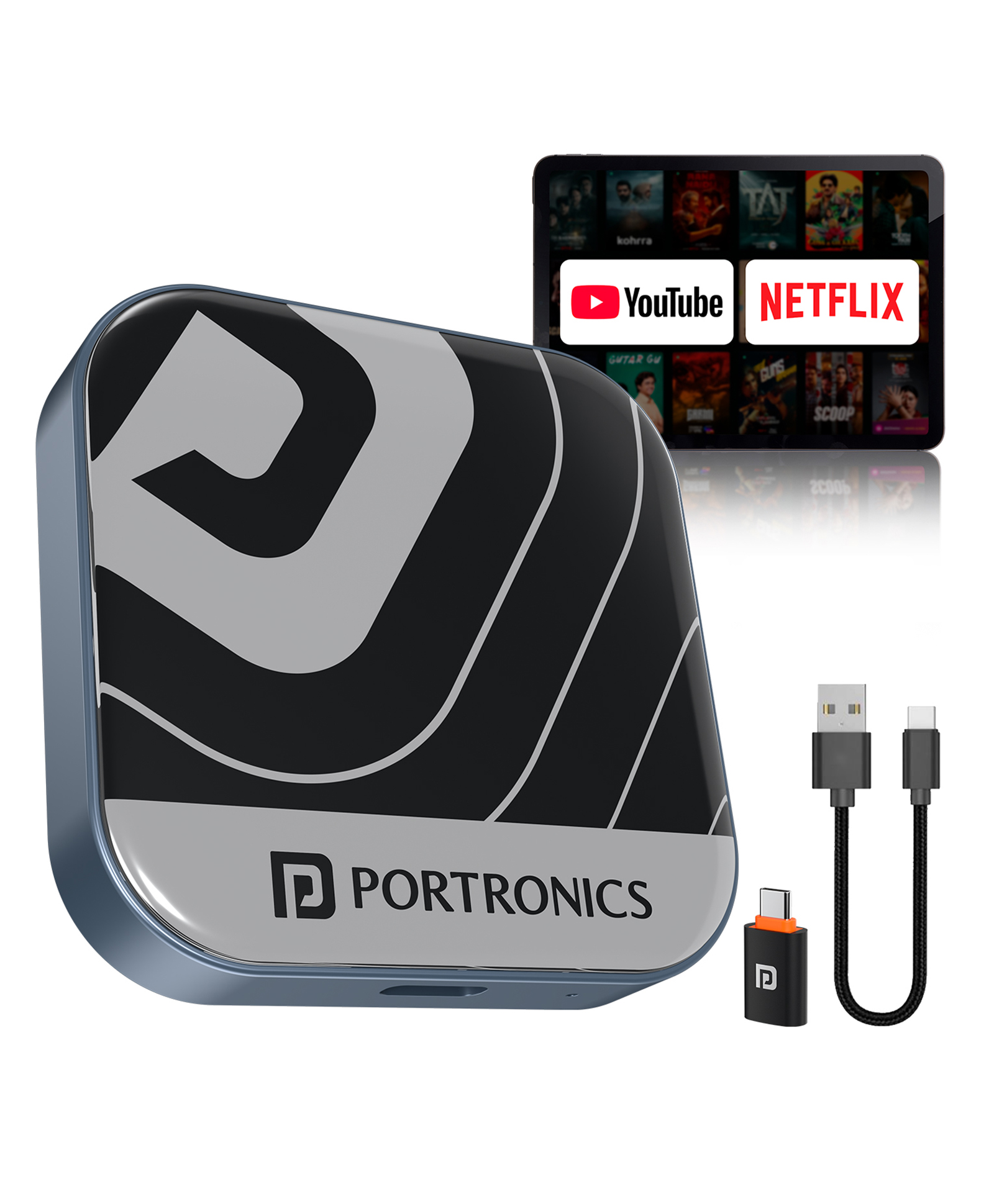 Portronics Tune Plus, 2-in-1 CarPlay & Android Auto Adapter with Inbuilt YouTube, Netflix, Converts Wired to Wireless, 3GB RAM 32GB ROM, Plug andPlay, USB-A & Type-C Compatible