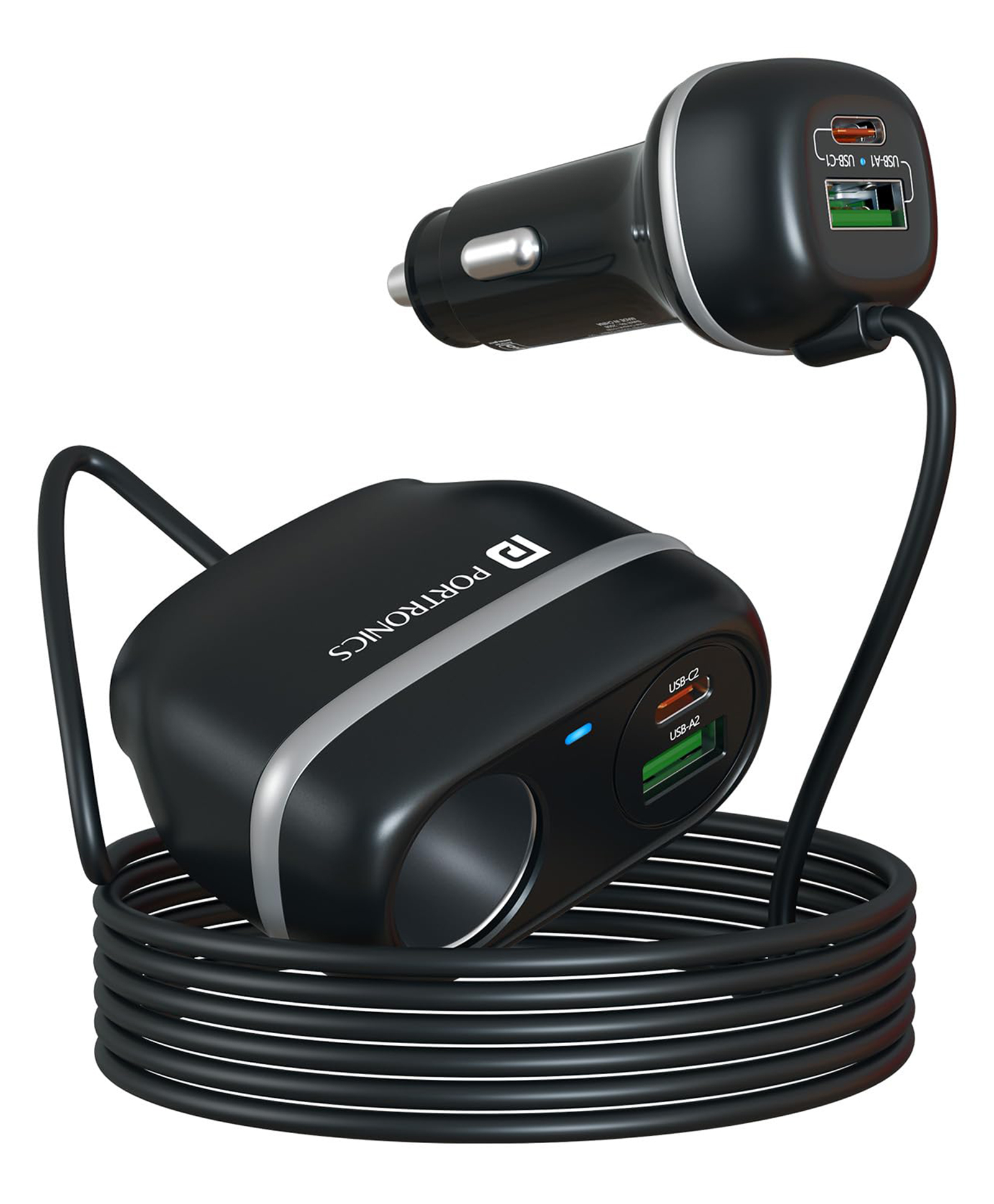 Portronics Car Power Trail 111W Car Charger, 4 Port Fast Car Charger, Dual 30W Type-C PD, Dual 22.5W USB-A, FrontandBack Seat Charging with Cigarette Lighter Socket, Car Travel Essentials-picture-27