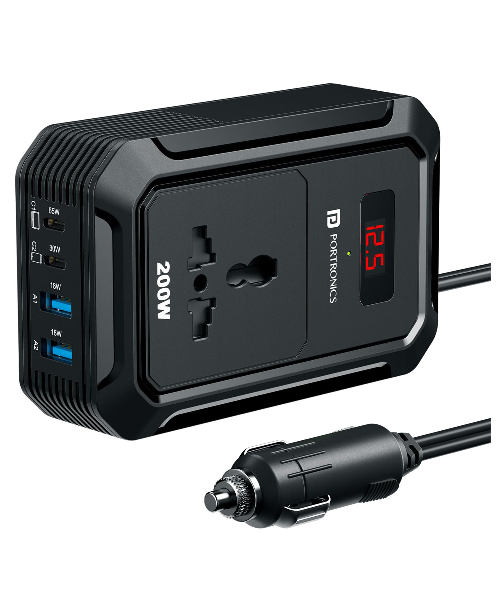 Portronics Car Power III Pro 200W Car Power Inverter with Universal AC Socket, 65W Type-C PD, 30W Type-C PD, Dual 18W USB, Real-Time Voltage Display, 12V Car Plug, Compatible with Laptops & Phones