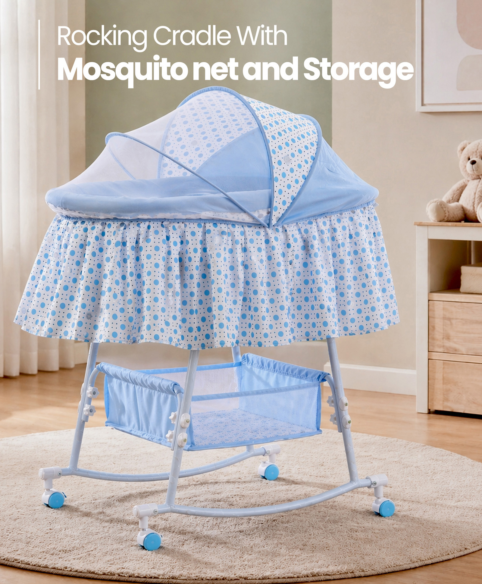 fab n funky Rocking Cradle with Mosquito Net & Storage Basket Gentle Rocking Function Lockable Wheels Portable & Comfortable New Born Essential Easy to Assemble - Blue-picture-28