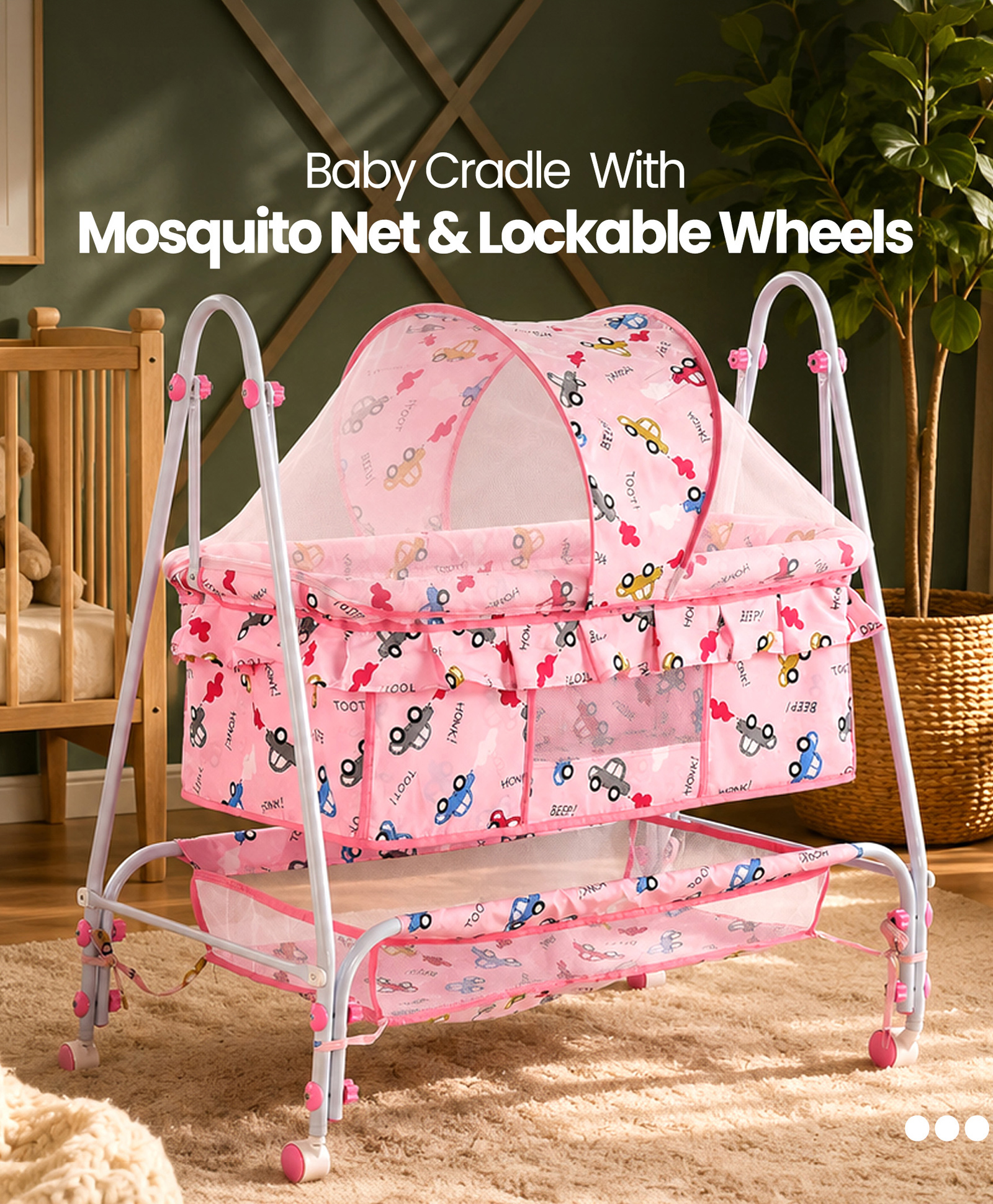fab n funky Baby Cradle with Mosquito Net & Lockable Wheels - Pink| Vehicle Printed Cradle with Smooth Swing| Storage Basket & Sturdy Frame| Balanced Swing| New Born Essential-picture-11