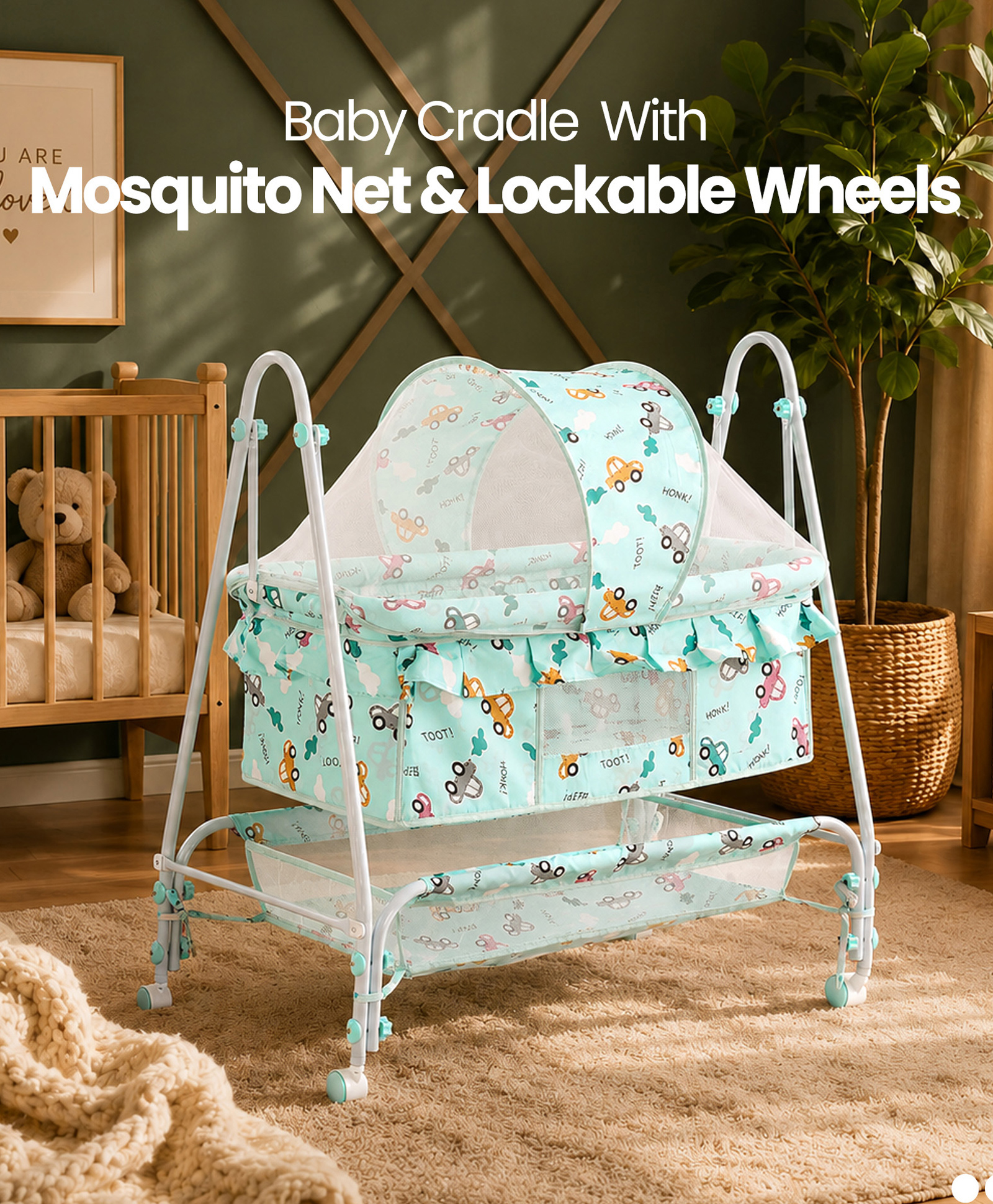 fab n funky Baby Cradle with Mosquito Net & Lockable Wheels - Sea Green| Vehicle Printed Cradle with Smooth Swing| Storage Basket & Sturdy Frame| Balanced Swing| New Born Essential-picture-17