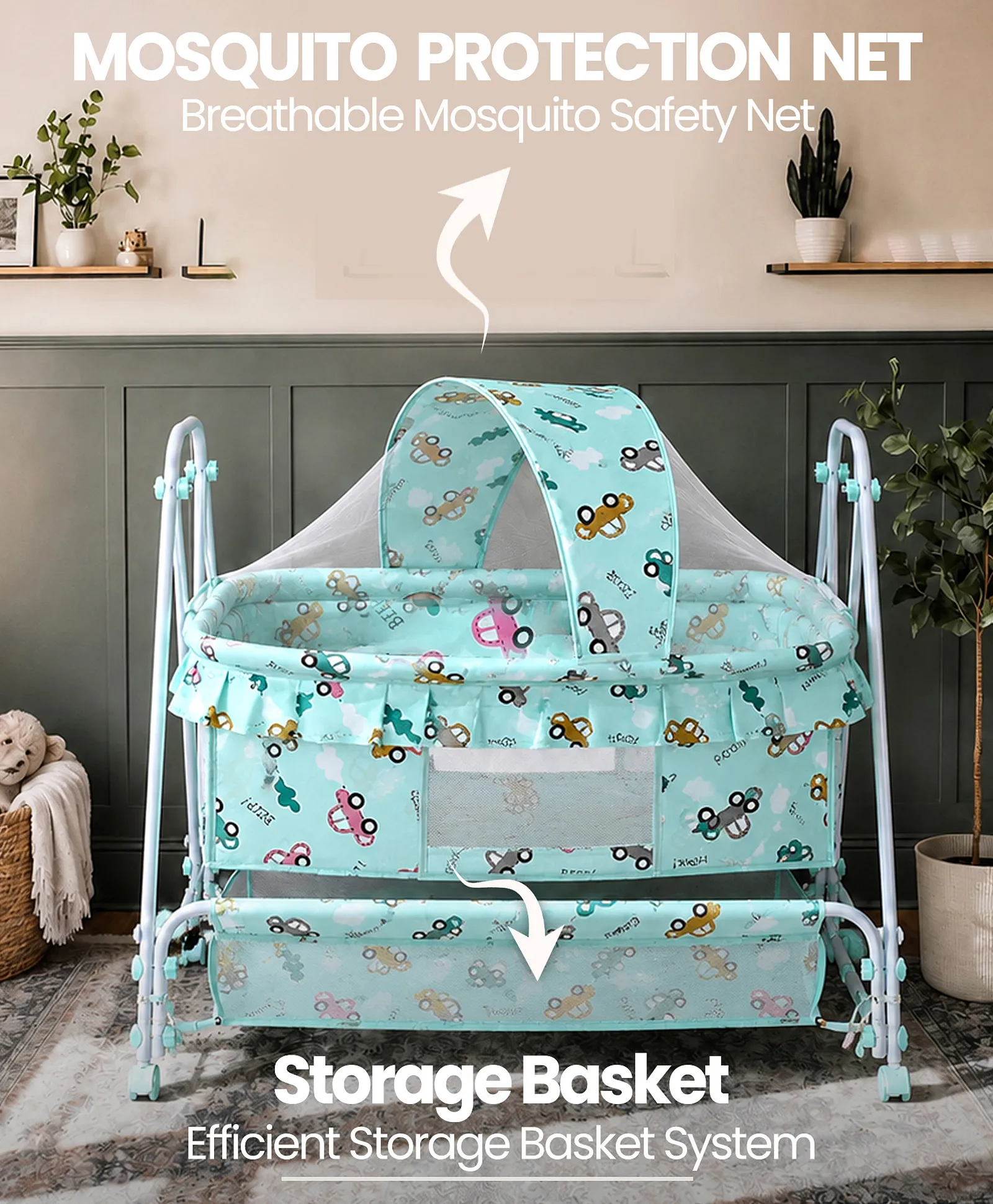 Baby Cradle with Mosquito Net & Lockable Wheels - Sea Green