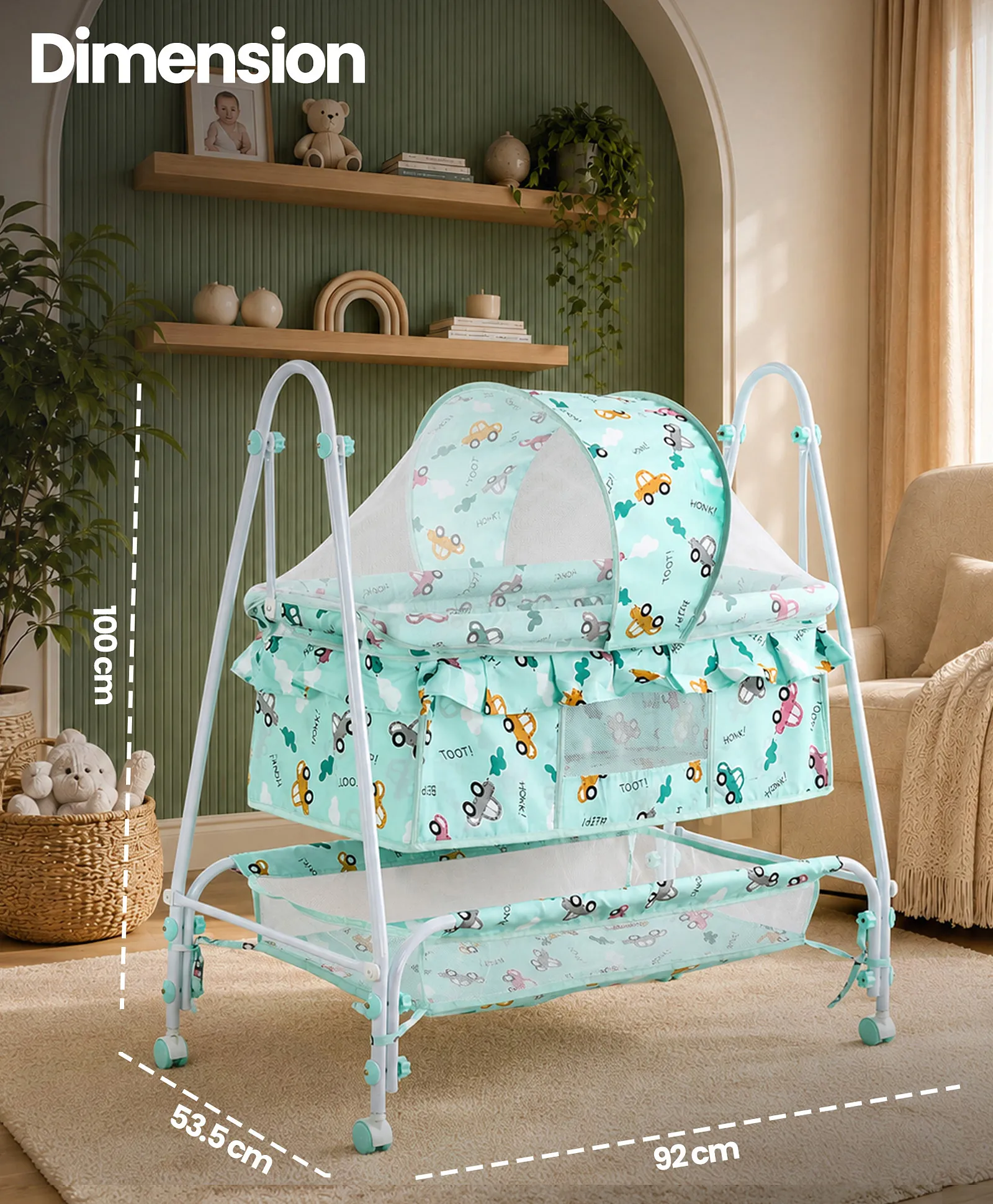 Baby Cradle with Mosquito Net & Lockable Wheels - Sea Green