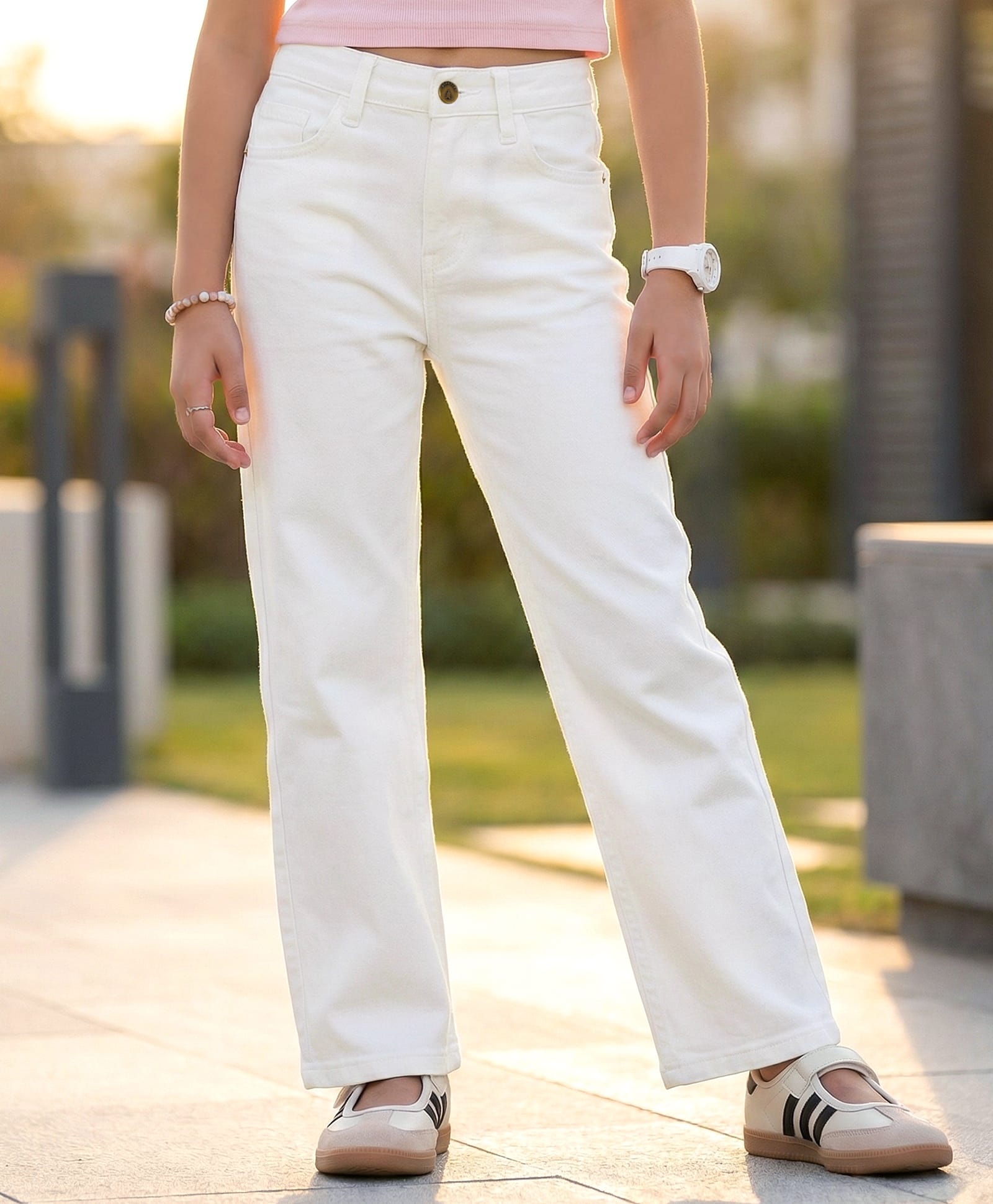 Pine Kids Woven Full Length Solid Denim Jeans - White-picture-11