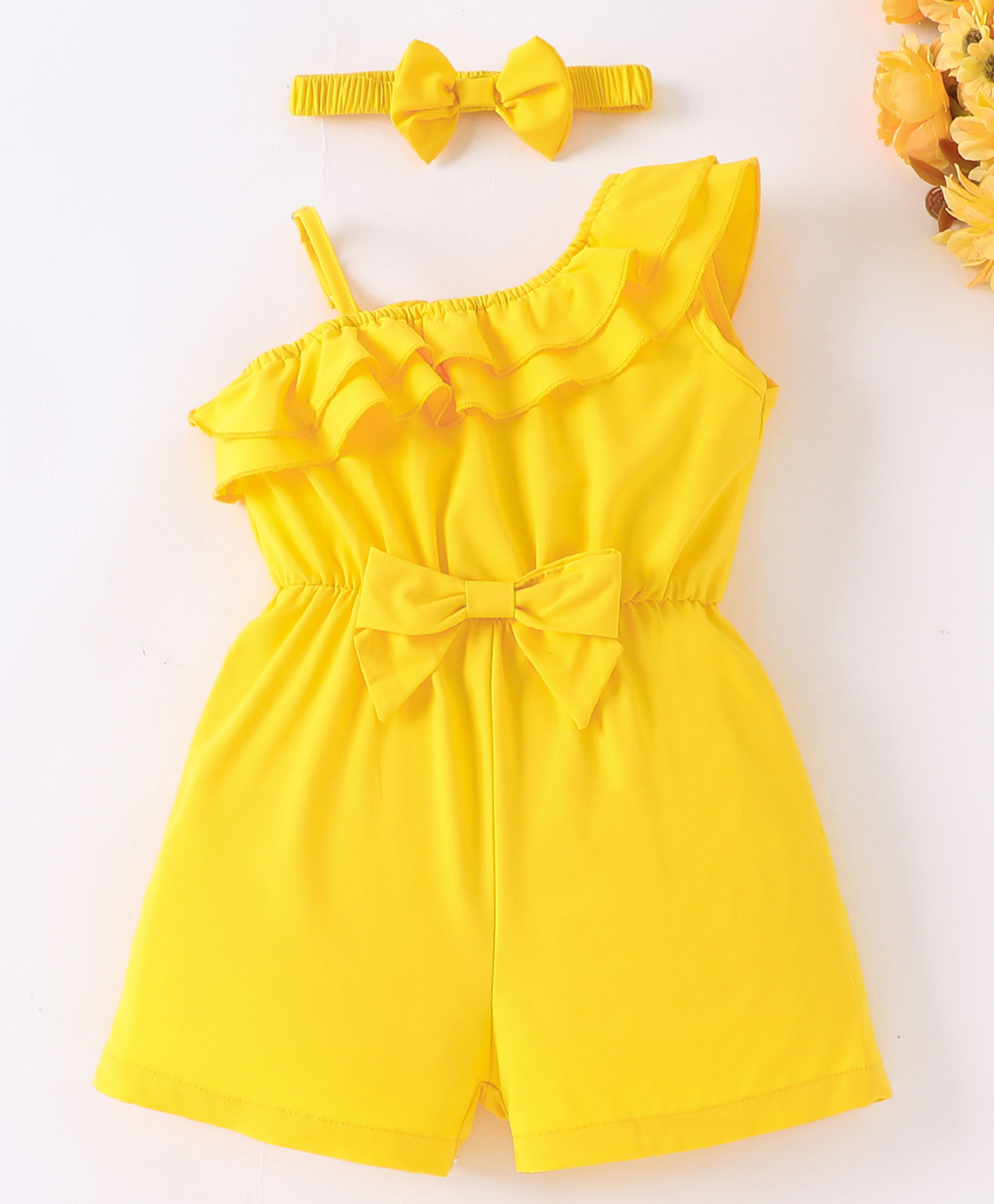 Mark & Mia Sleeveless Solid Jumpsuit With Bow Applique & Headband - Yellow-picture-27