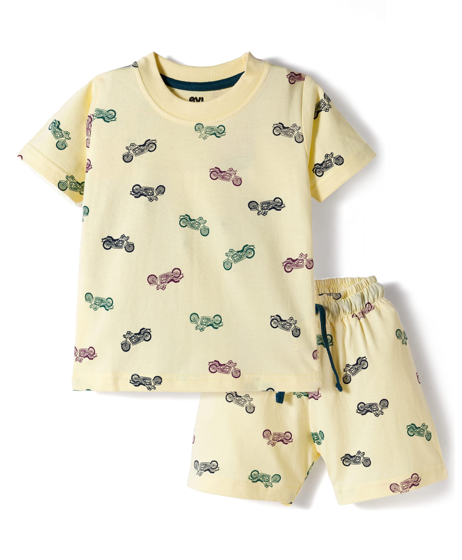 Evimo Single Jersey Knit Half Sleeves Shorts Night Suit With Vehicle Print - Light Yellow-picture-45