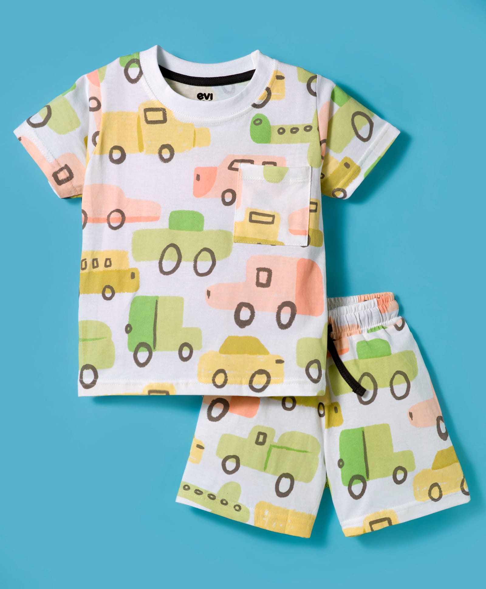 Evimo Single Jersey Knit Half Sleeves Shorts Night Suit With Vehicle Print - White & Green-picture-47