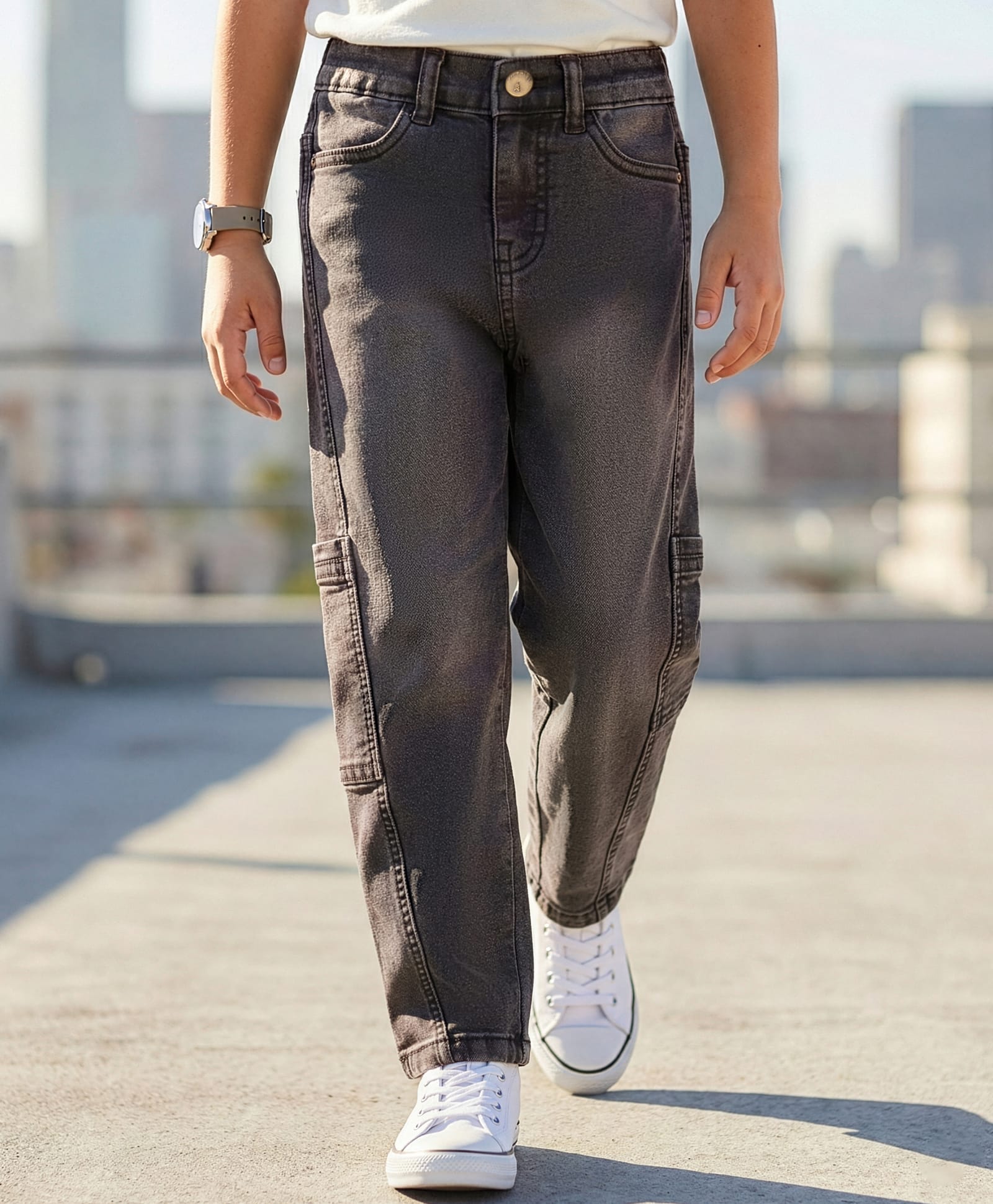 Pine Kids Denim Woven Cut N Sew Washed Jeans - Black