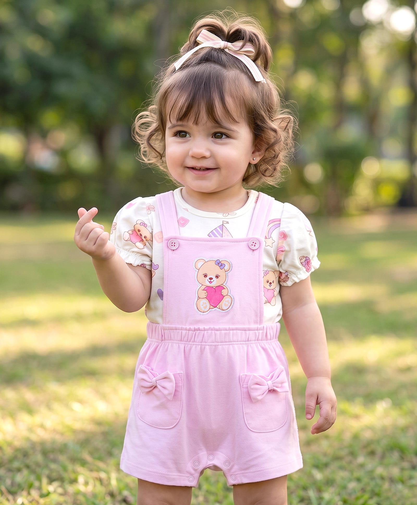 Babyoye 100% Cotton Knit Half Sleeves Bear Printed Dungaree With Inner Tee Set With Bow Applique & Eco Jiva Finish - Pink & White-image-23