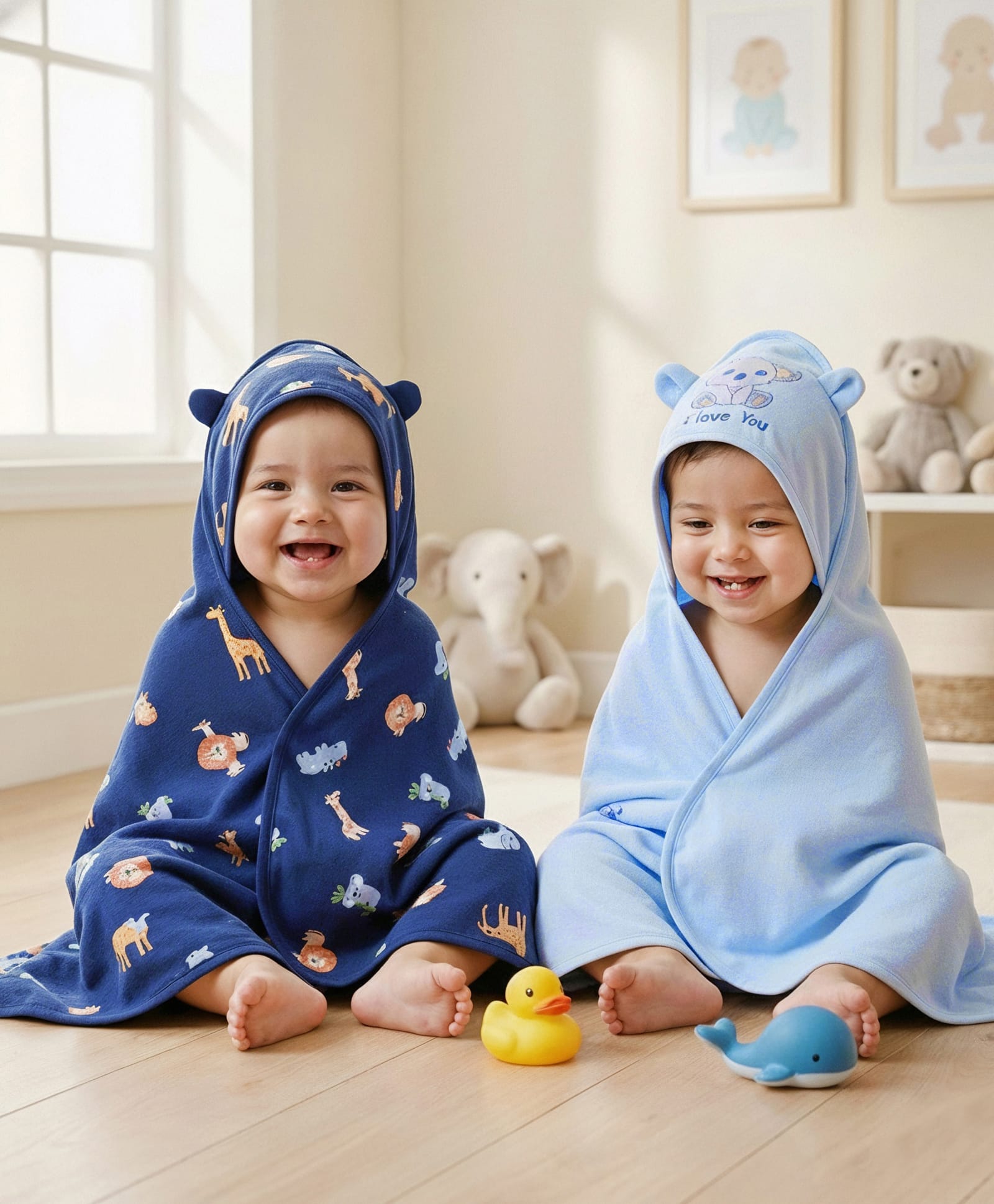 Babyoye 100% Cotton Knit Hooded Towels with Animal Print Pack of 2 L 80 x B 78 cm - Light & Navy Blue
