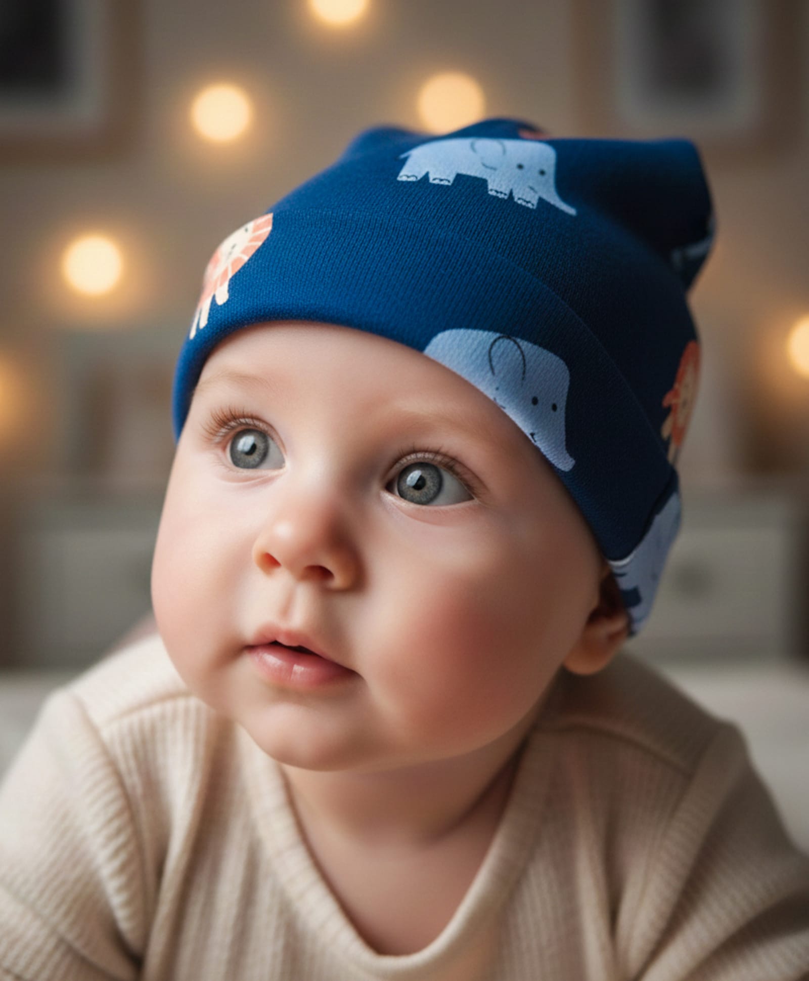 Babyoye Interlock Knit Cap With Elephant Print Blue - Diameter 14 cm-image-37