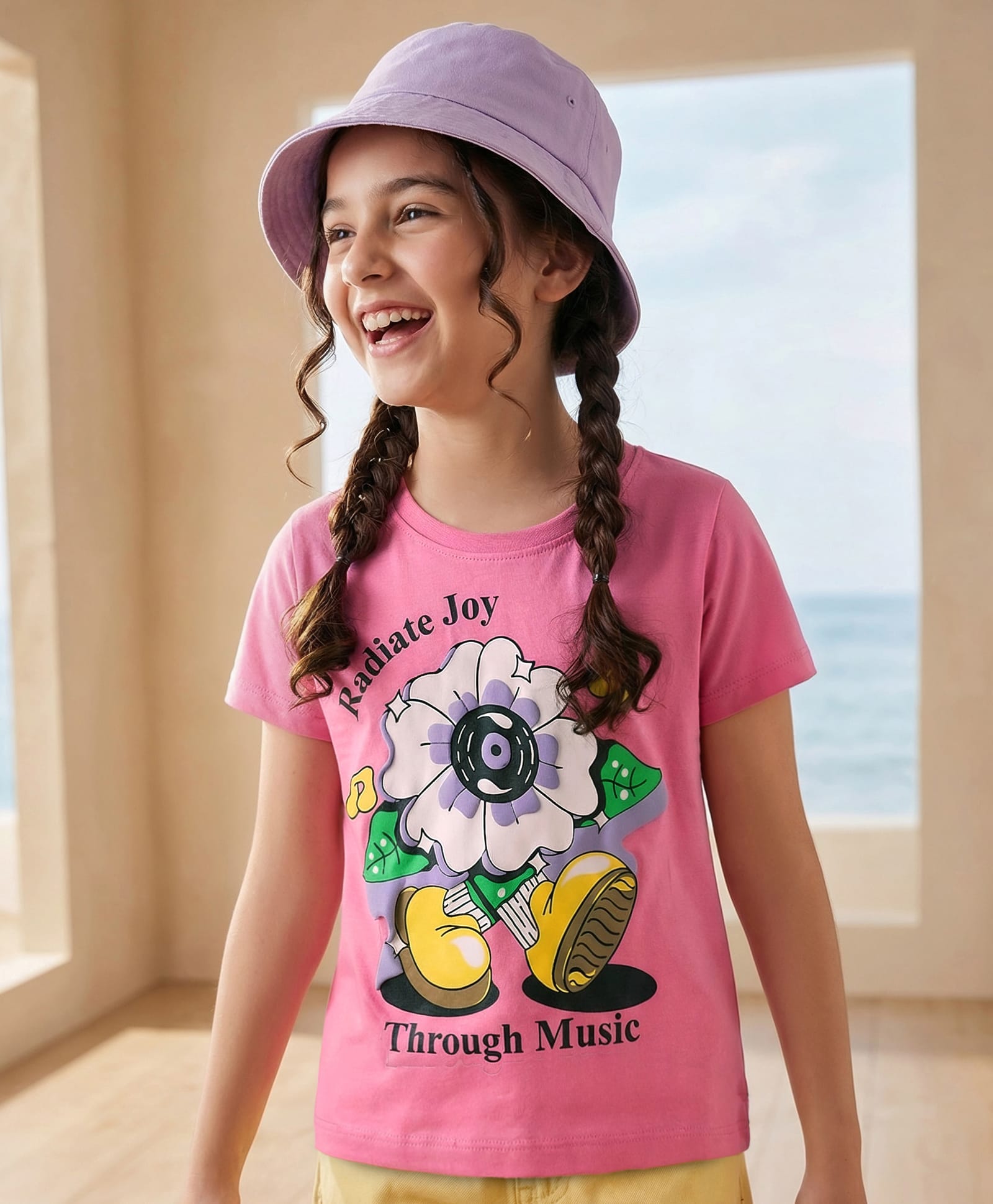 Pine Kids Cotton Knit Half Sleeves T-Shirt With Floral Print - Pink-picture-1