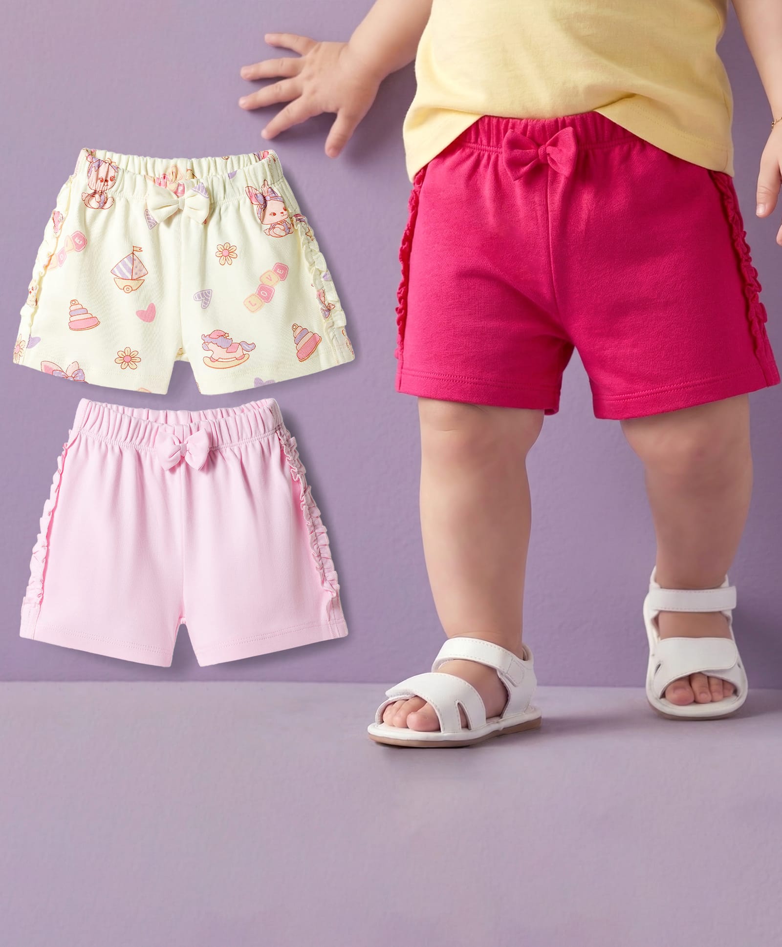 Babyoye 100% Cotton Knit With Eco Jiva Finish Solid & Printed Shorts With Bow Applique Pack of 3 - Multicolor-image-37
